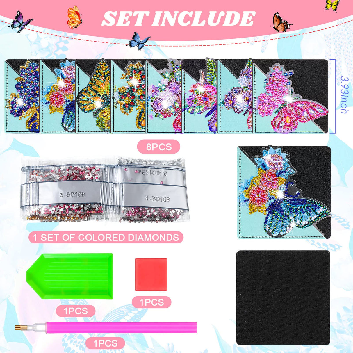 Ireer 8 Pcs Diamond Art Bookmark Kit Butterfly Diamond Painting Bookmark DIY Corner Book Marks for Kid Adult Book Lover Graduation Birthday Wedding Crafts Supplies, 8 Styles Ireer