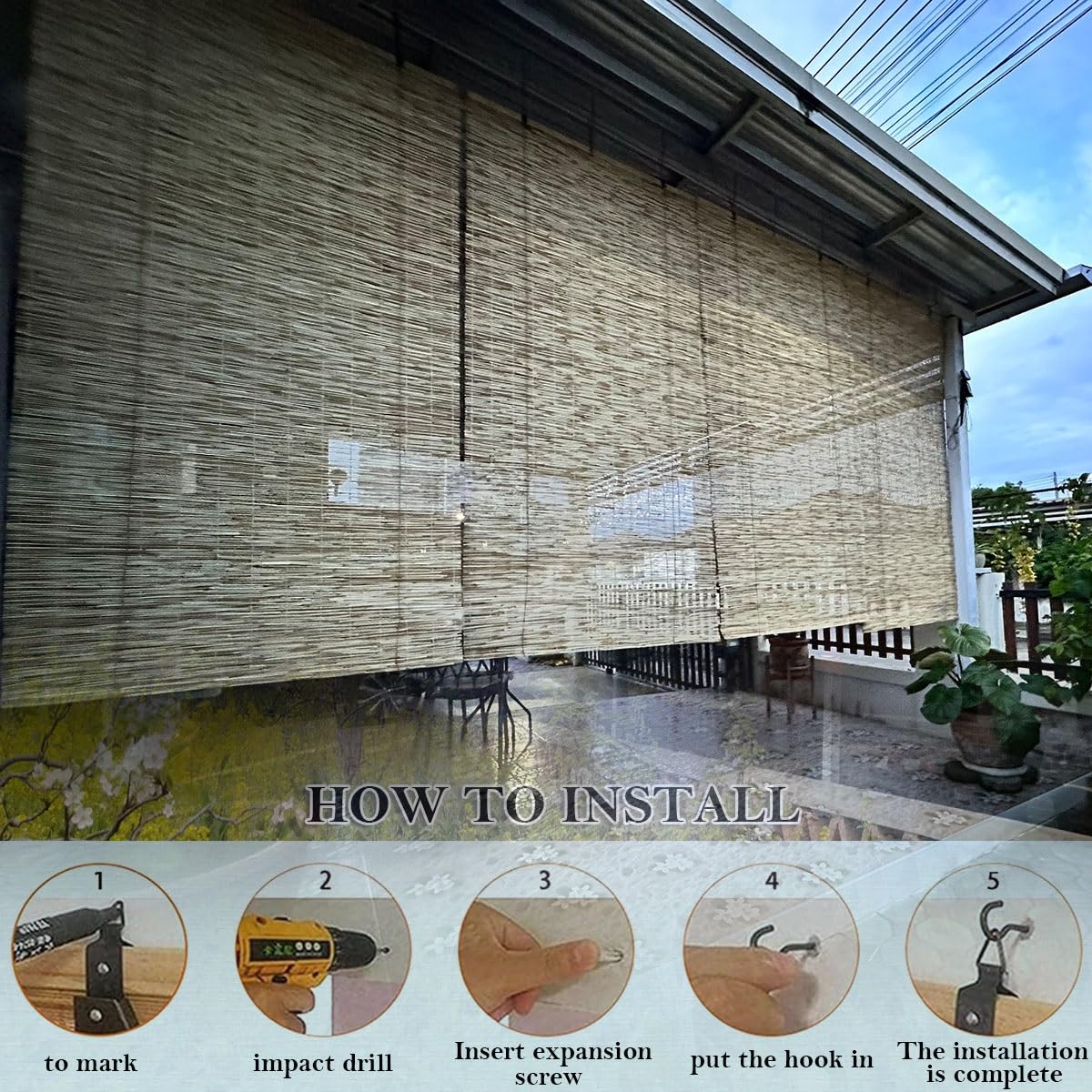 Outdoor Bamboo Roll-up Shades for Porch Patio Privacy Screen, Bamboo Blinds for Windows, 28" 34" 40" 42" 56" 66" 70" 76" UV Resistant Reed Roller Shades with Lifter, Cordless Blackout Curtains KAKVSRBPER