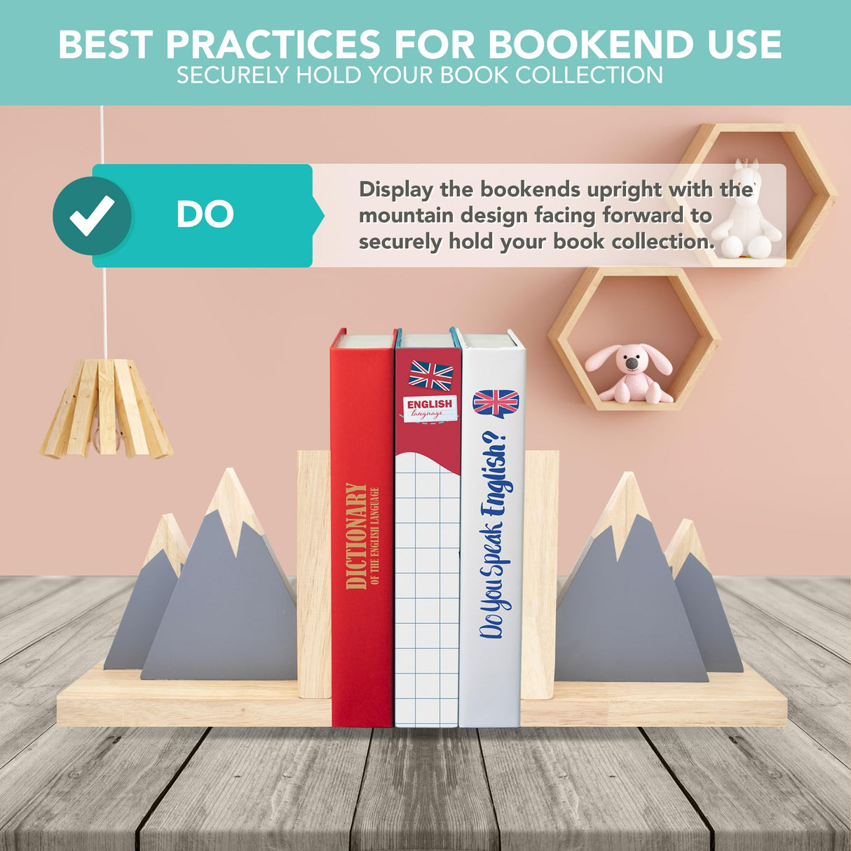 Decorably Gray Mountain Book Ends for Kids - 1 Set Non-Skid Wooden Bookends for Boys, Toddler Book Ends Decorably