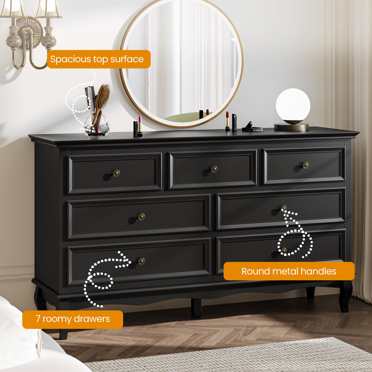 RoyalCraft 7 Drawers Dresser, Black Dresser with Distinctive Wooden Legs & Black Paint Finish, Large Chest of Drawers with Spacious Storage Space for Bedroom, Hallway RoyalCraft