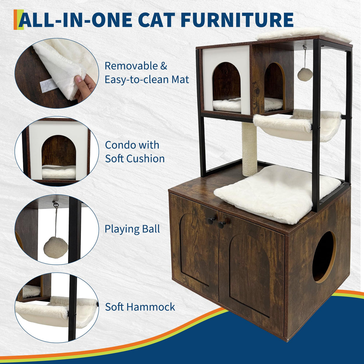 Litter Box Enclosure with Cat Tree, Corner Kitty Litter Box Enclosure Furniture Dog Proof Wooden Cats Cabinet with Condo, Plush Hammock, Scratching Post and Play Ball GarveeLife