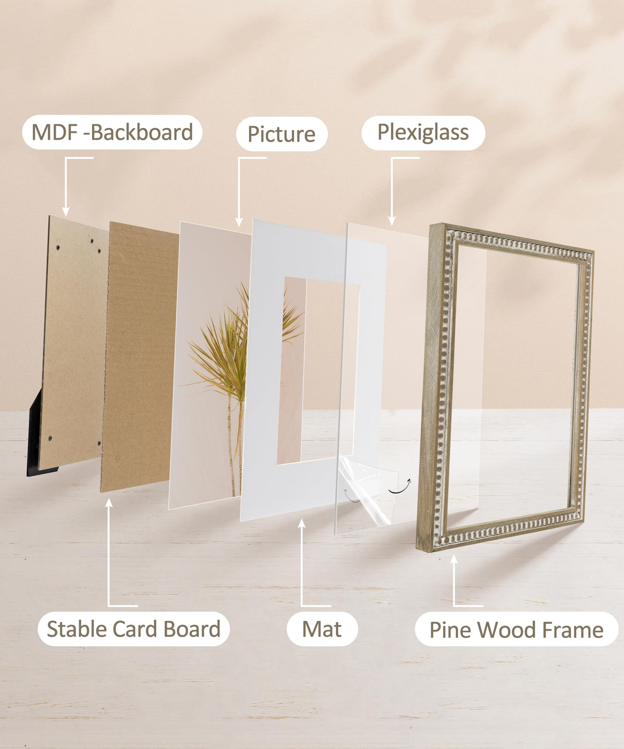 SUMGAR 8x10 Picture Frame Boho 5x7 Photo Frame with Mat Farmhouse White Wood Shabby Chic Wall Mounted Display for Birthday Wedding Friend Gifts with Distressed Decorative Pine Beads SUMGAR