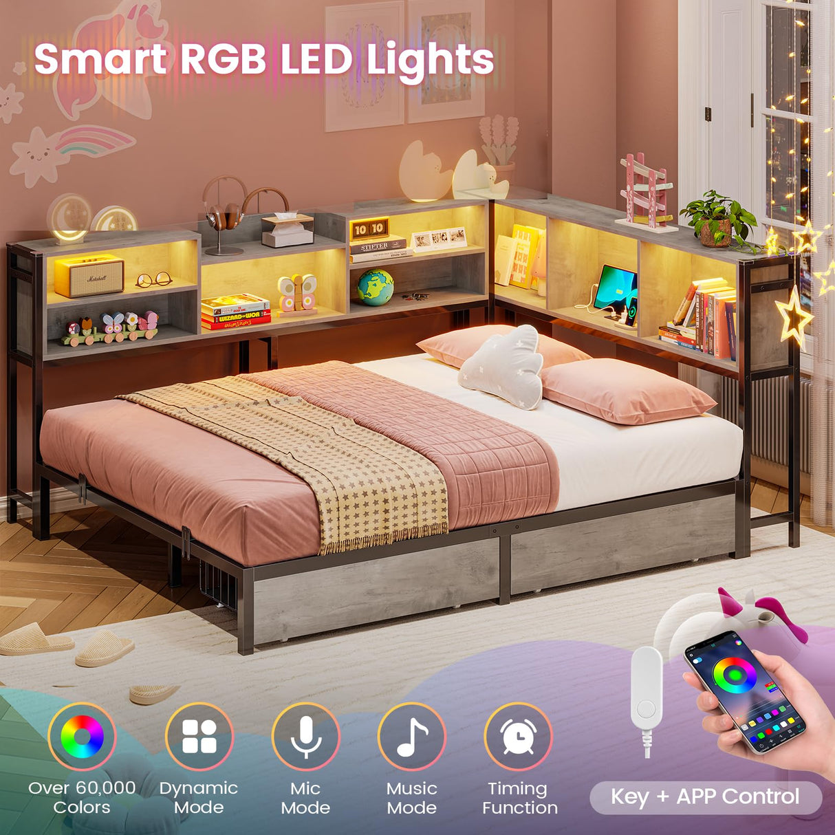 Hasuit Full Corner Bed Frame with Storage Bookcase, Full Size Daybed with 2 Underneath Storage Drawers, Kids Bed Unit with Charging Station and LED Light, Modern Teenagers Bedframe, Oak Gray Hasuit