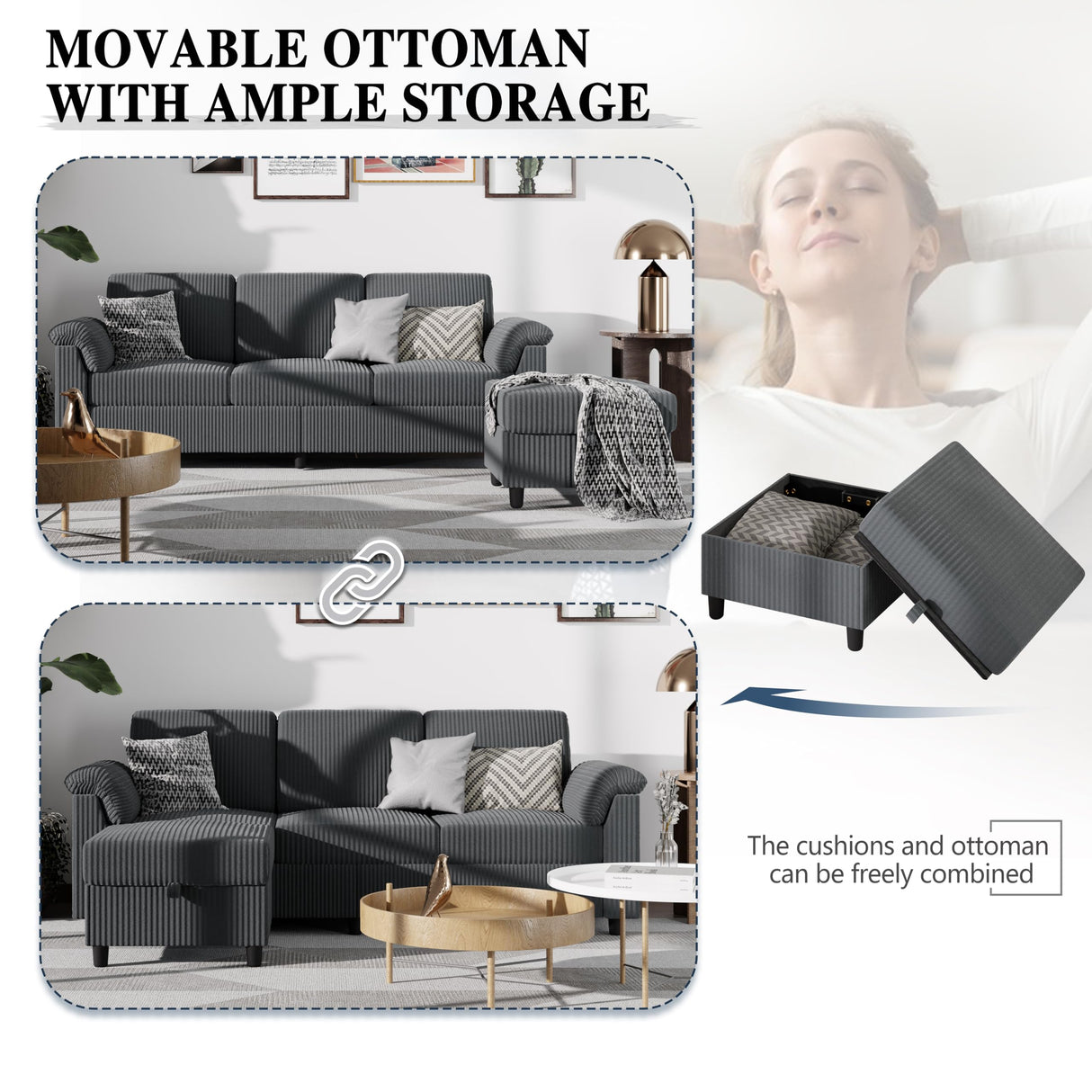 Meilocar Sectional Couches for Living Room, L Shaped Couch with Side Storage Pockage, Comfortable 3 Seat Sofa Couches for Apartment, Grey Meilocar