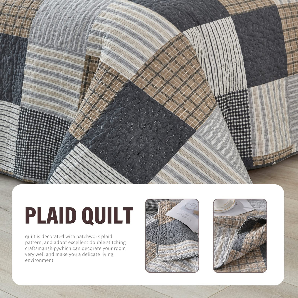Y-PLWOMEN Plaid Quilt King Size - 100% Cotton Farmhouse King Quilt with 2 Pillow Shams, Breathable Lightweight Comforter Quilted Bedspreads Bedding Set, Grey Brown, King(98 * 106 Inch) Y-PLWOMEN