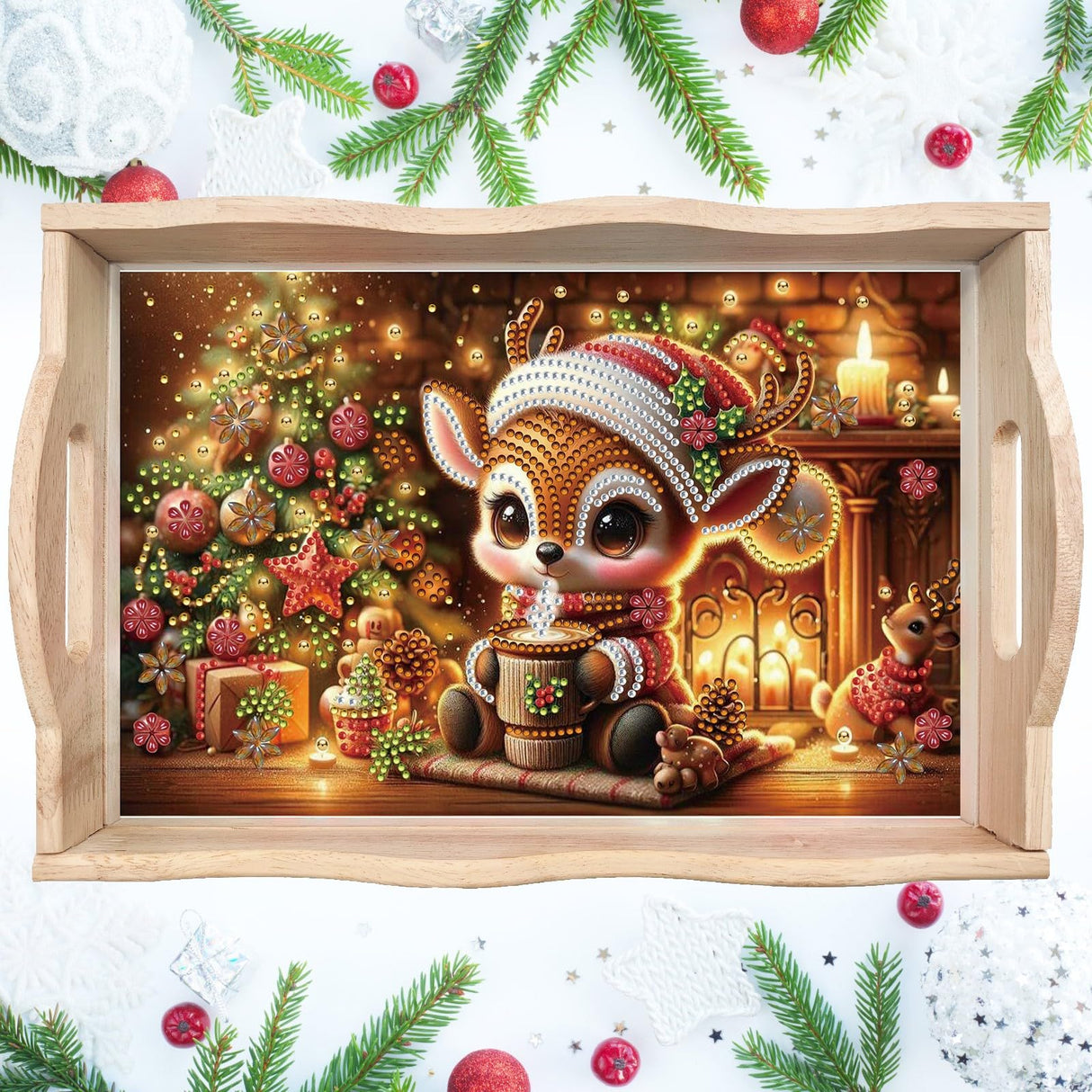 DoxQcs DIY Diamond Tray Diamond Art Painting Wooden Tray Kit, Food Tray with Handle Diamond Table Decoration Tray, for Breakfast Bar Dinner Table Diamond Dots Gem Art Set for Beginners-#30-Deer DoxQcs