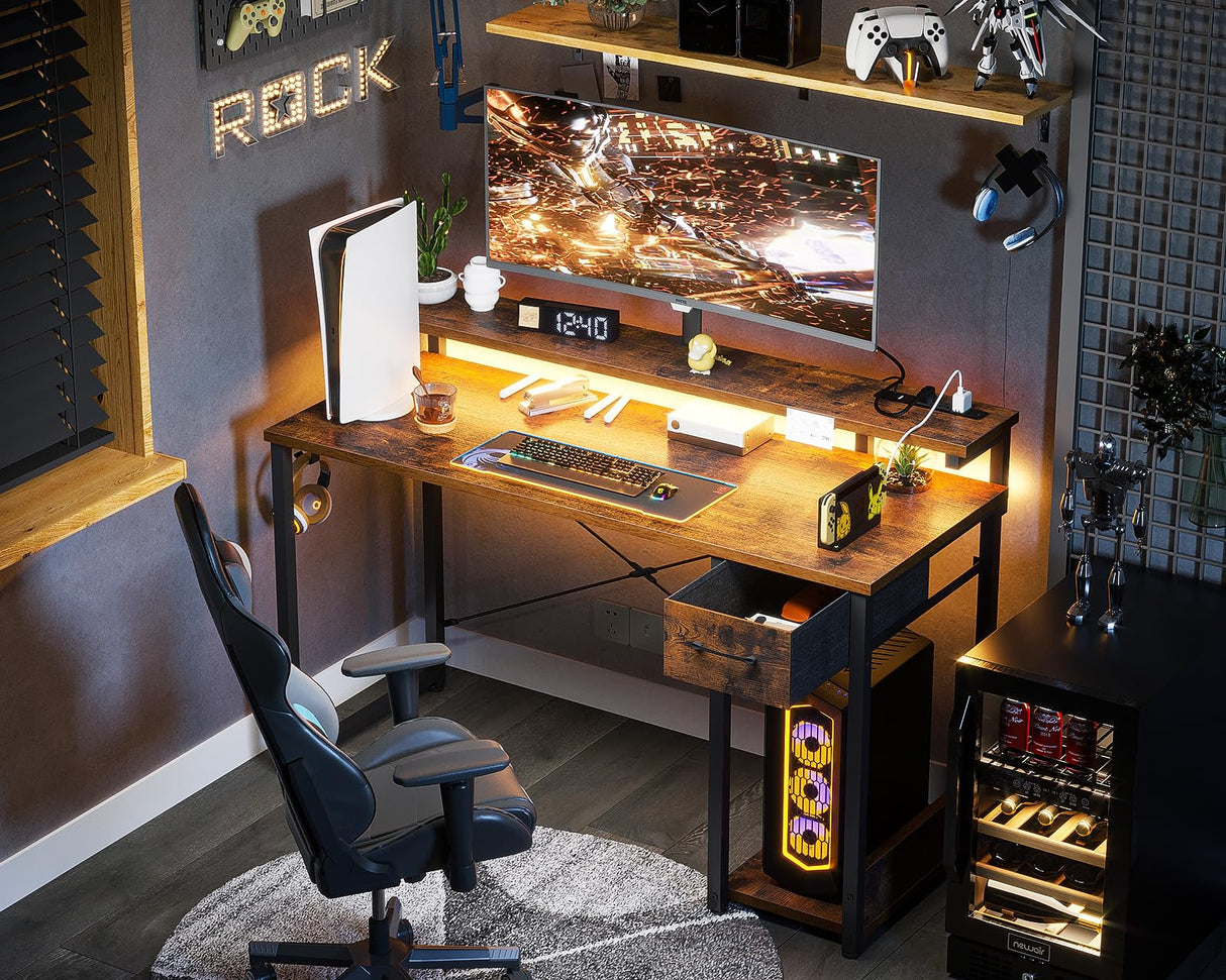 AODK Gaming Desk with LED Lights & Power Outlet, 48 Inch Computer Desk with Drawer, Reversible Desk with Adjustable Monitor Shelf & Headphone Hook for Home Office, Rustic Brown AODK