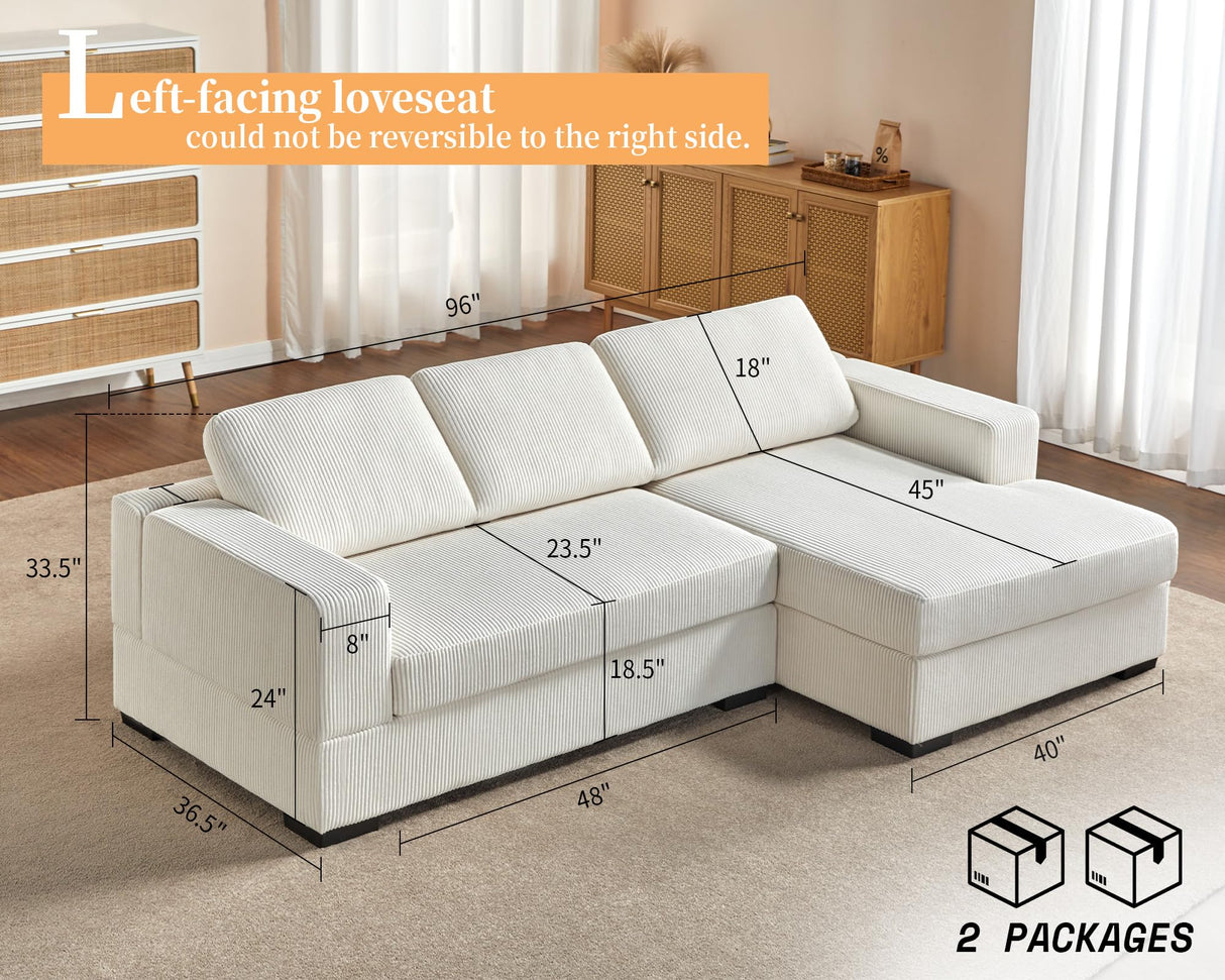 AMERLIFE 96 Inch Sofa, Comfy Couch- Oversized Sectional Sofa Couch with Chaise, Modern Sofa with Right Chaise, White Corduroy Sofa AMERLIFE