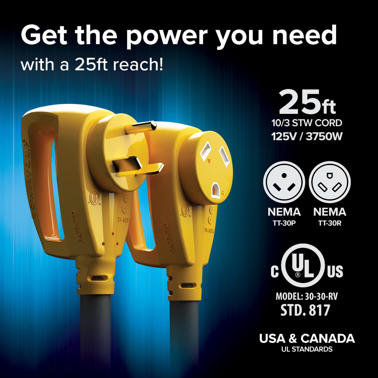 Camco Power Grip 25-Ft 30 Amp RV Extension Cord - Rated for 125V / 3,750W - Features Heavy Duty 10-Gauge Copper Wire for Superior Conductivity & Coated w/Heat-Resilient PVC (55191) Camco