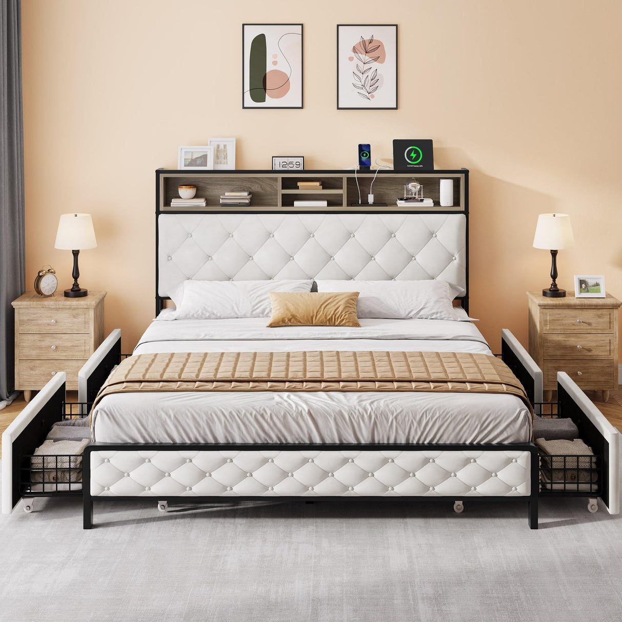 DWVO Queen Size Storage Bed Frame with 4-Drawer, Upholstered Platform Bed Frame with USB Charging Ports & Bookcase Headboard, Simple Setup, No Requirement for Box Spring (Beige) DWVO