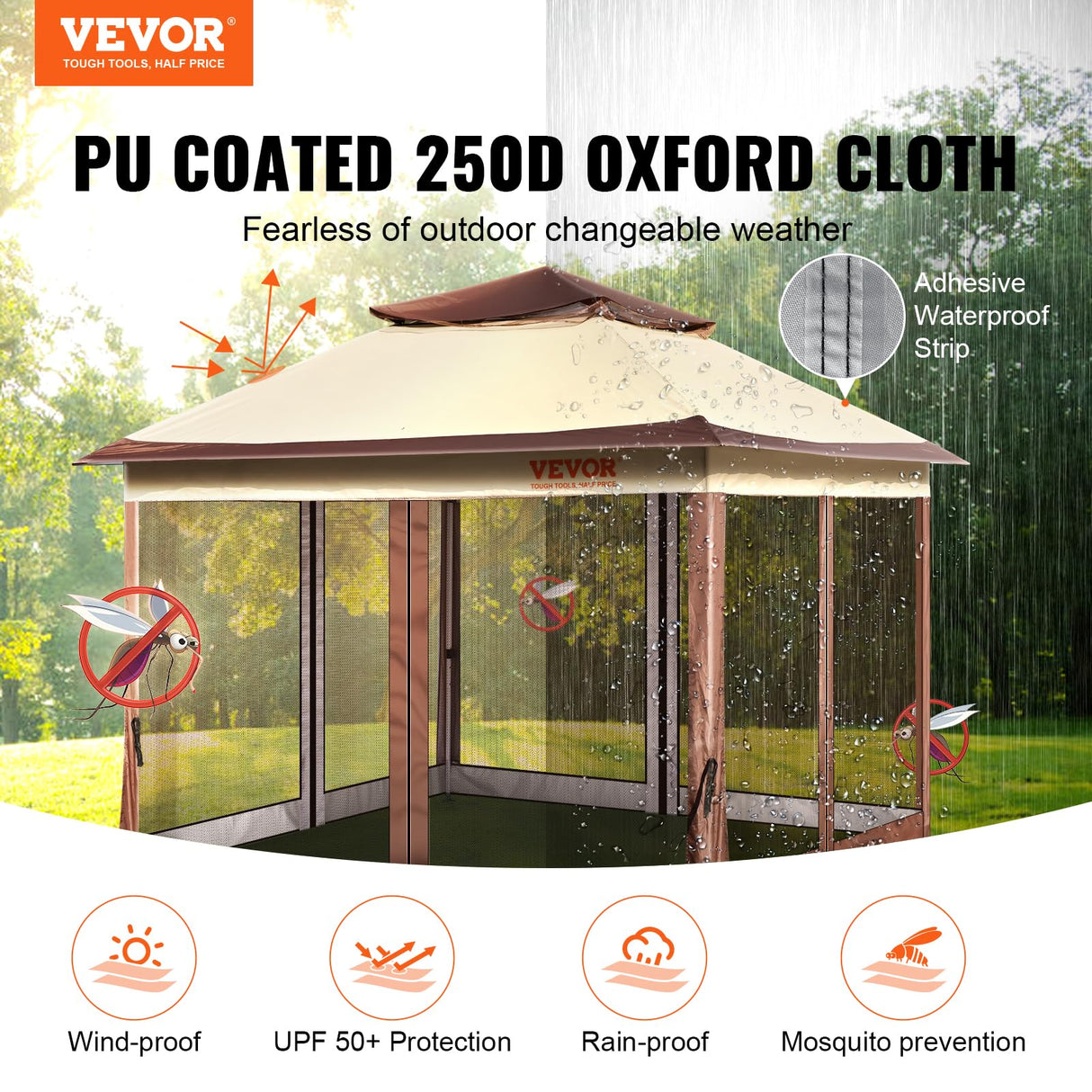 VEVOR Pop up Gazebo for 8-10 Person, with Mosquito Netting, Metal Frame, and PU Coated 250D Oxford Cloth, Outdoor Canopy Shelter for Patio, Backyard, Lawn, Garden, Deck, 11 x 11 FT, Brown VEVOR
