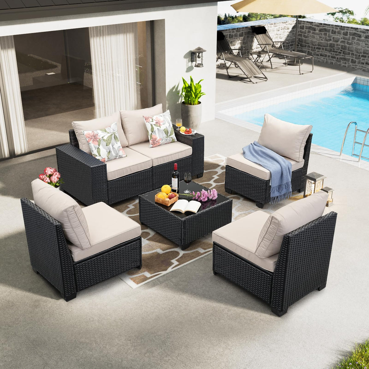 JOYURE 6PCS Patio Furniture Set Outdoor Wicker All-Weather Sectional Conversation Sofa Rattan Patio Seating with Cushion and Glass Table for Porch Poolside,Beige JOYURE