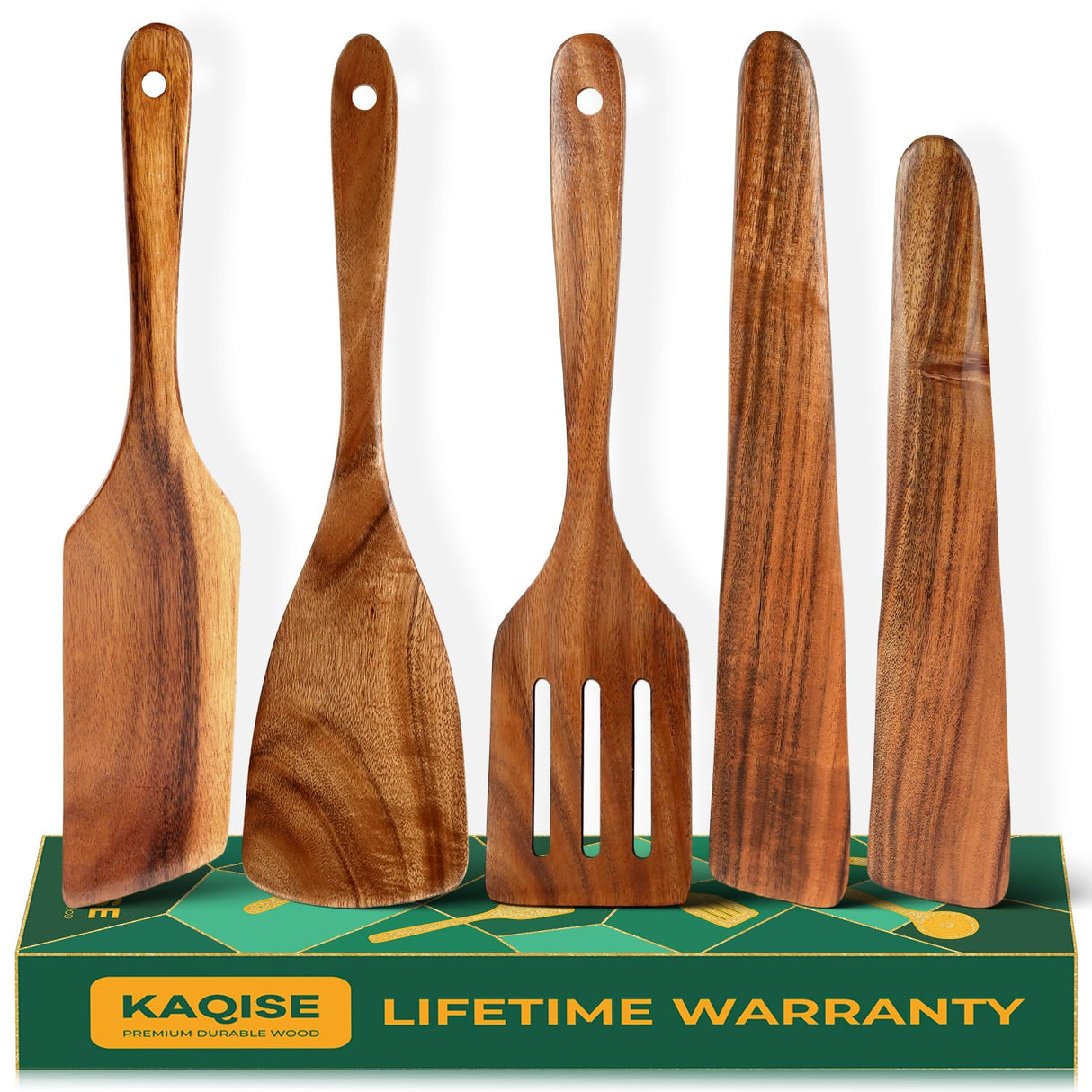 Handmade Wooden Spatulas for Cooking, Heat Resistant Teak Wood Spatula and Turner of Different Size, Nonstick Wooden Utensil Set for Kitchen Cooking (5Pcs) KAQISE