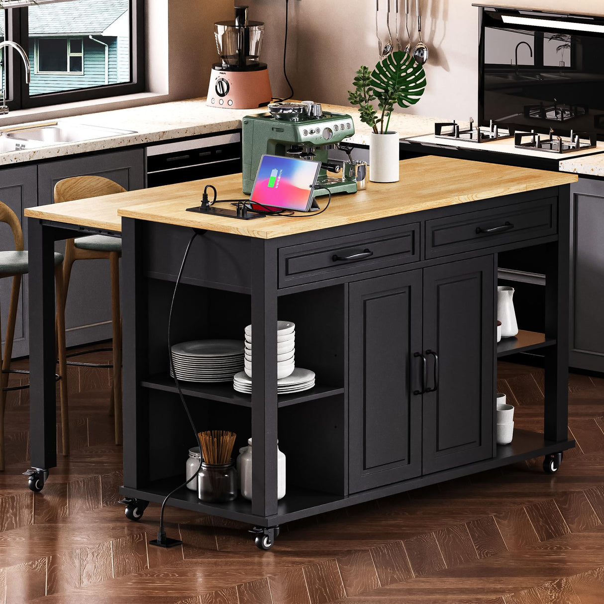 Merax Rolling Kitchen Island on Wheels with Extendable Dining Table & Power Outlet, Wood Kitchen Cart on Wheels with Internal Storage Rack,2 Drawers & 2 Cabinets, 47" Wide Black Merax