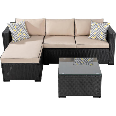 Shintenchi 3 Pcs Patio Furniture Set,Outdoor Sectional Black Wicker Patio Conversation Set,All-Weather Rattan Patio Couch with Washable Cushions and Glass Coffee Table(Khaki)