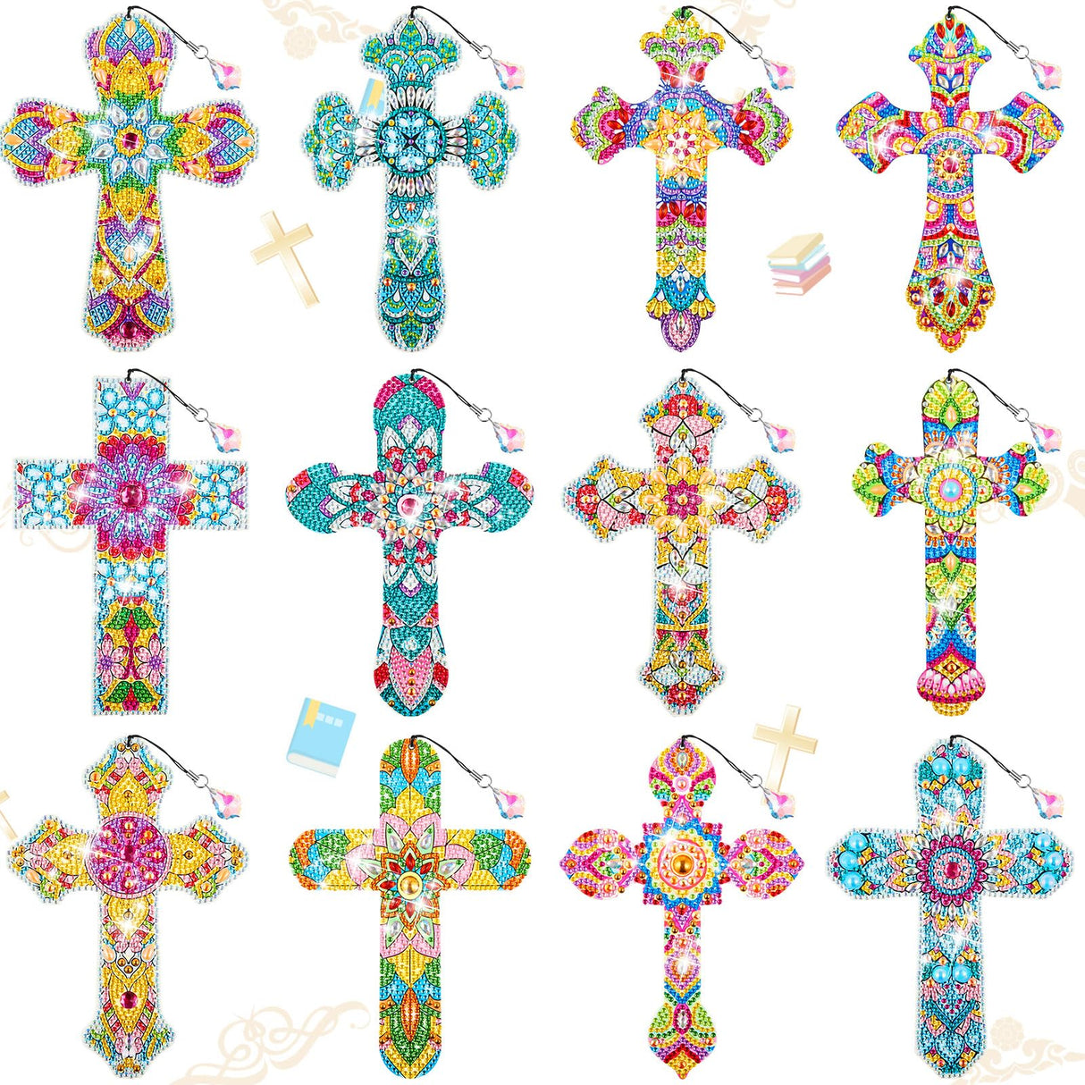 Tenceur 12 Pcs Cross Diamond Art Kit for DIY Religious Crystal 5D Diamond Painting Bookmarks Rhinestone Kits for Reading Lover Home Office Project Read DIY Crafts Gifts Tenceur