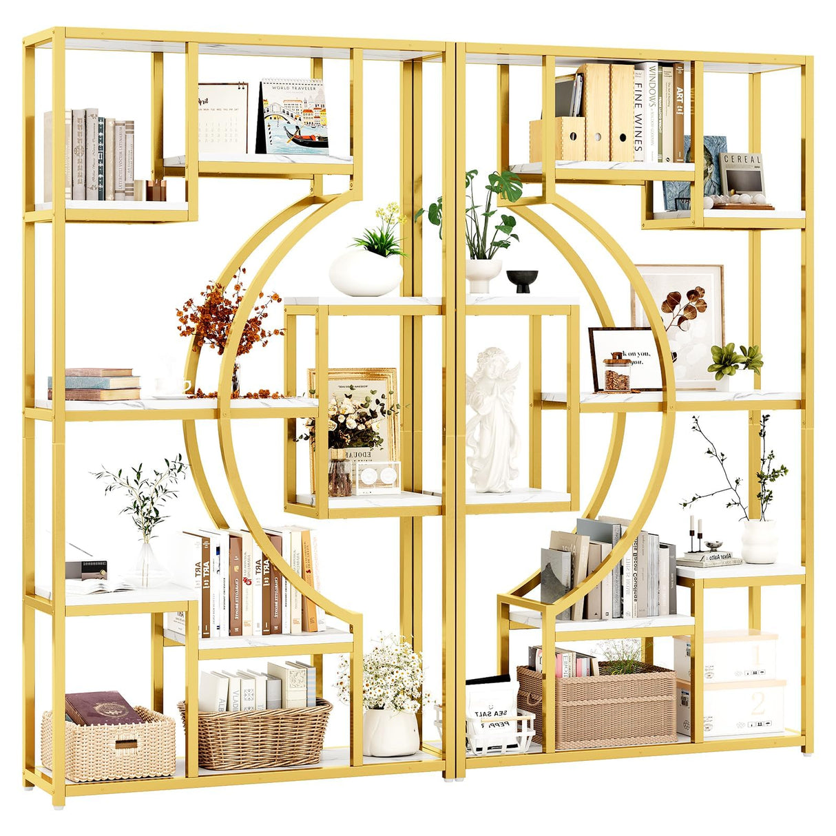 5 Tier Large Gold Bookshelf, 70.9" Tall Bookcase with 18 Open Shelves, Industrial Modern Book Shelf for Living Room, Office, Bedroom Storage Display, Set of 2 LGHM