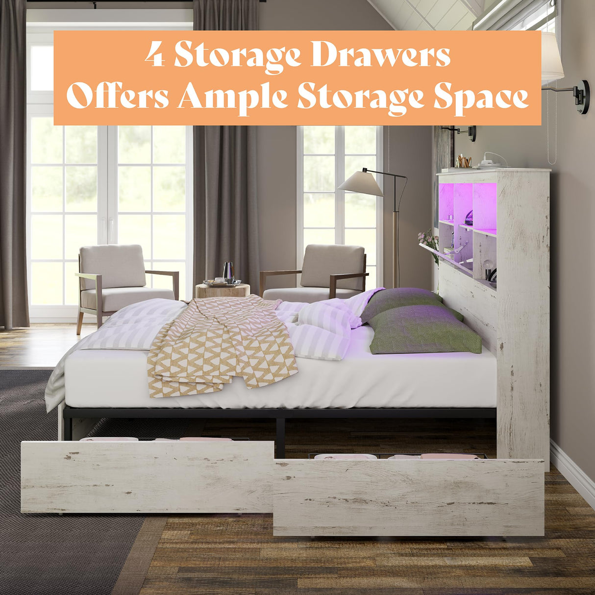 AMERLIFE King Size Bed Frame Wooden Platform Bed with 51.2" Storage LED Bookcase Headboard, 4 Storage Drawers & Charging Station/No Box Spring Needed/Noise Free/Distressed White AMERLIFE