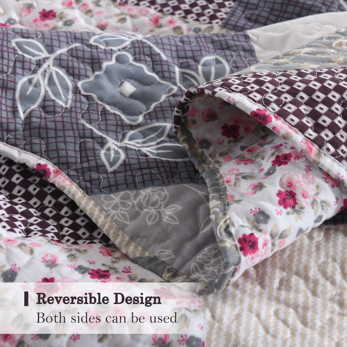 ENJOHOS Farmhouse Quilts King Size - King Quilt Set Grey Bedspread Reversible Patchwork Floral Coverlet Set, Microfiber Lightweight Country Quilts Bedding Set with 2 Pillow Shams(Grey Flower Plaid2) ENJOHOS