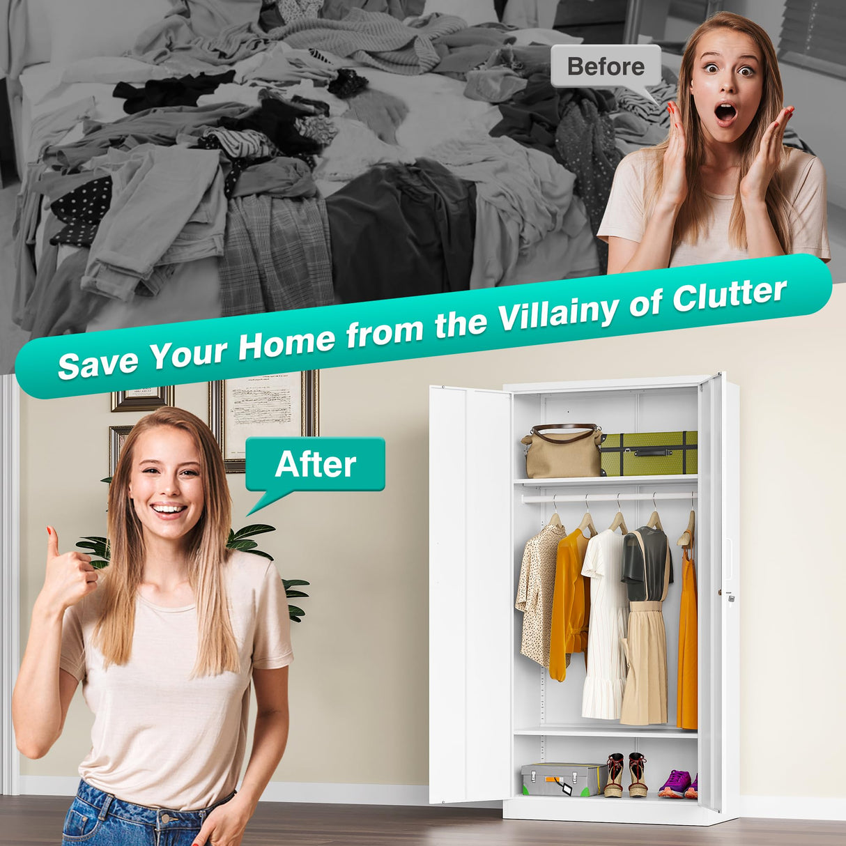 Metal Wardrobe Cabinet with Hanging Rod & Lock,White Armoire Wardrobe Closet,Metal Clothing Storage Cabinet with Adjustable Shelves and Doors,72" Armoire Storage Cabinets for Home,Living/Laundry Room SISESOL