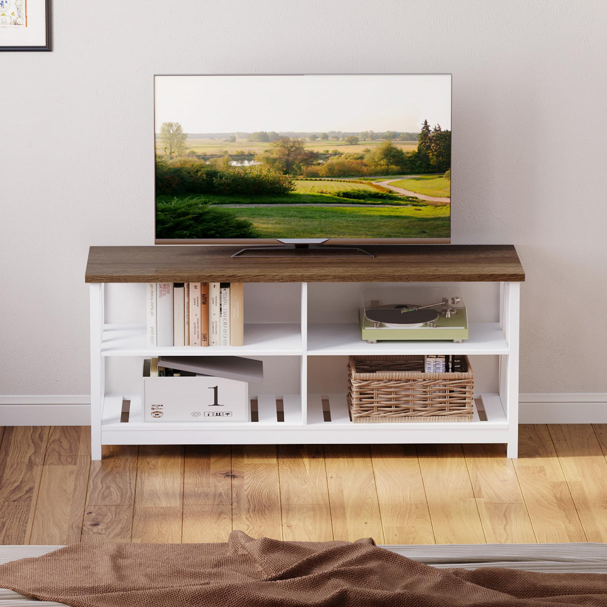 ChooChoo Farmhouse TV Stand for TVs up to 60 Inch, Modern Entertainment Center with 4 Open Shelves & Built-in Cable Holes, Media TV Console for Living Room, Bedroom, White ChooChoo