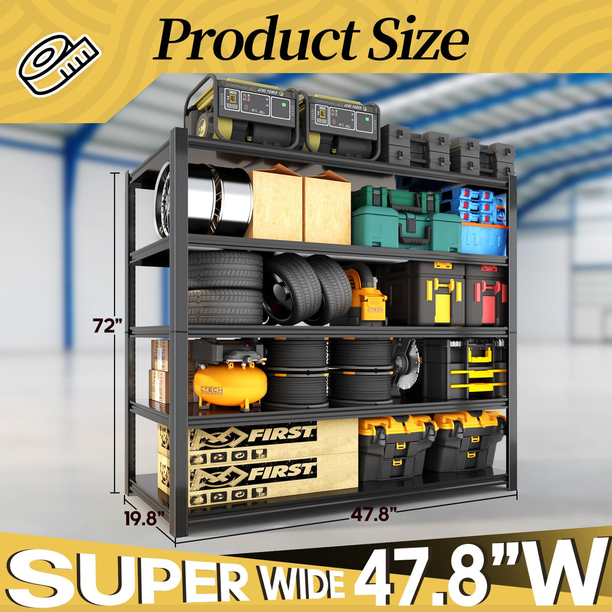 WOZBUD 47.8" W Heavy Duty Garage Shelving 3000LBS Storage Shelves, Adjustable 5-Tier Storage Rack, Metal Shelves for Garage/Warehouse/Basement, 47.8" W x 19.8" D x 72" H, 2 Pack WOZBUD