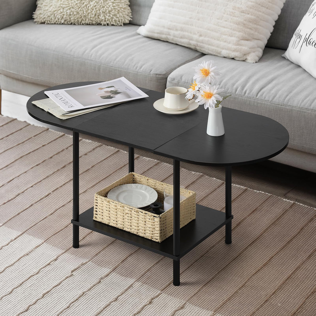 Coffee Tables for Living Room,2-Tier Small Coffee Table Industrial Modern Black Coffee Table with Storage Shelf and Wood Tabletop for Small Space,Home Office Shinoske