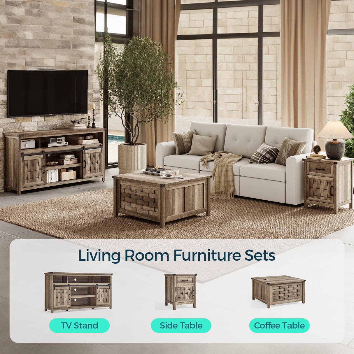 LINSY HOME Farmhouse TV Stand for 65 Inch TV, Tall Highboy Entertainment Center with Sliding Barn Door, Rustic Media Console with Storage Shelves, Wood Television Stand for Living Room, Light Brown LINSY HOME