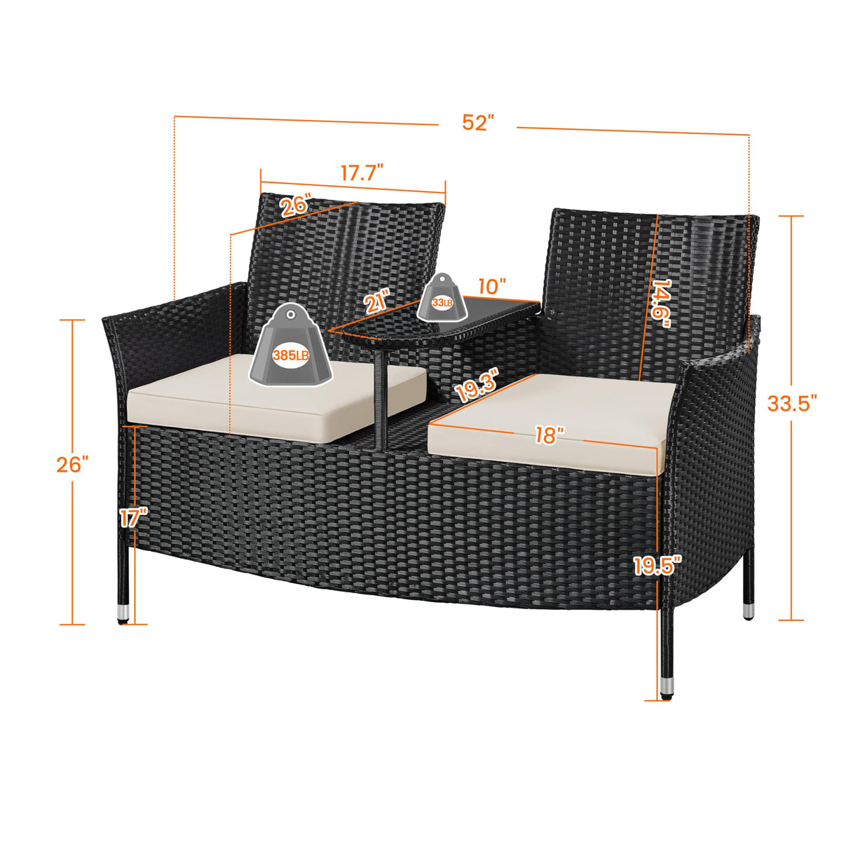 Yaheetech Patio Loveseat, Outdoor Wicker Double Chair w/Side Table, PE Rattan Furniture Set for Two People, Love Seat w/2 Removable Cushions & 1 Tempered Glass Side Table, Black/Beige Yaheetech