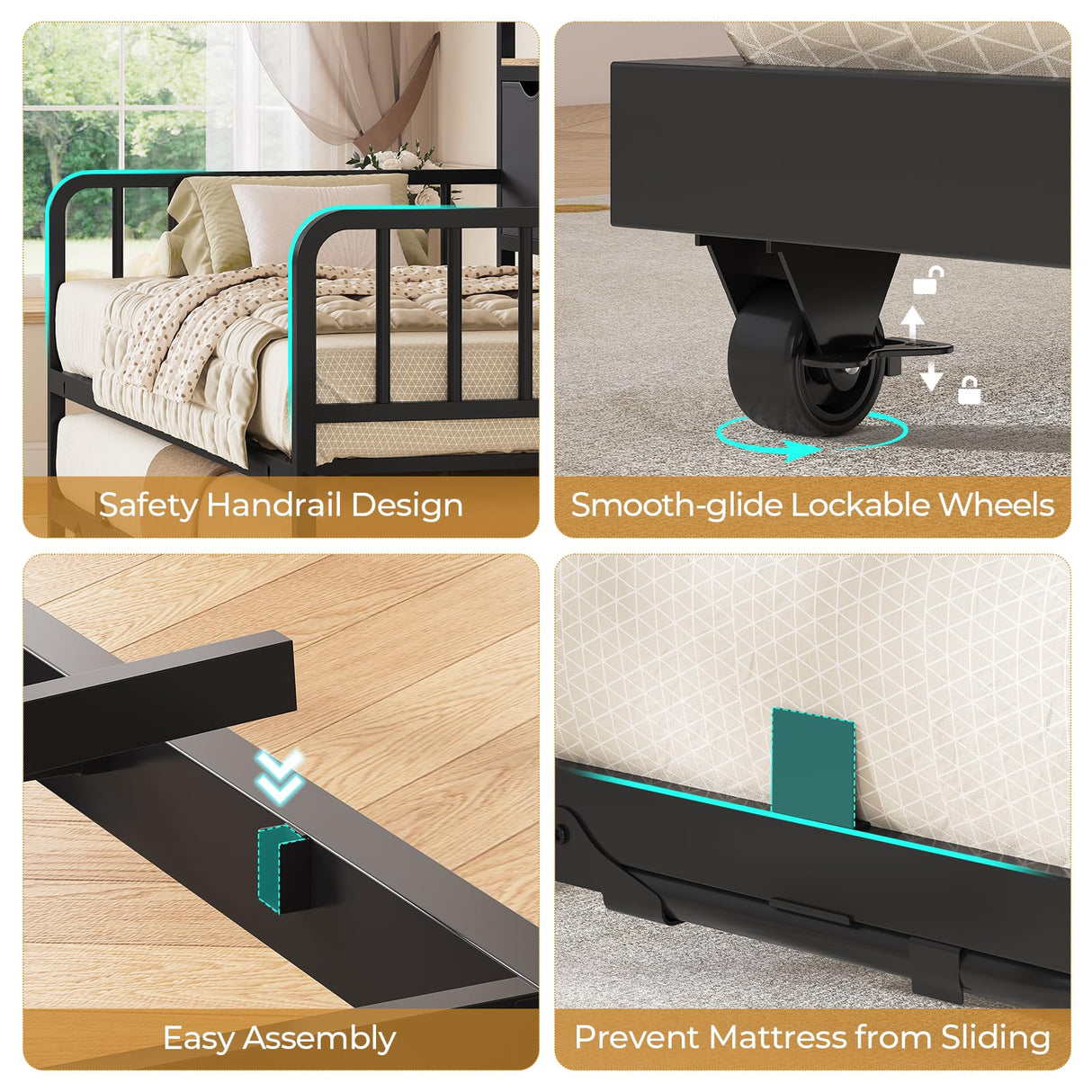 ADORNEVE Daybed with Trundle, Twin Day Bed with Storage Headboard & Charging Station, Height Adjustable Metal Trundle Bed Twin, Sofa Bed Frame for Living Room, Bedroom and Guest Room, Black ADORNEVE