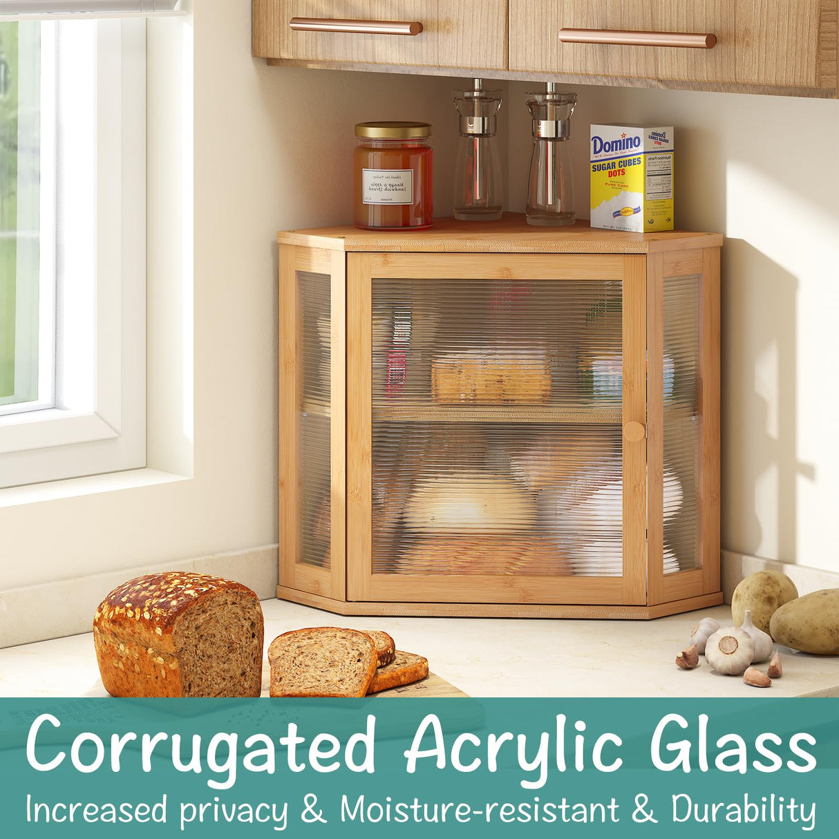 viewcare Corner Bread Box for Kitchen Counter, Bamboo Wood Large Capacity Bread Storage Bin with Acrylic Wavy Door Panel (Natural, Meduim) viewcare