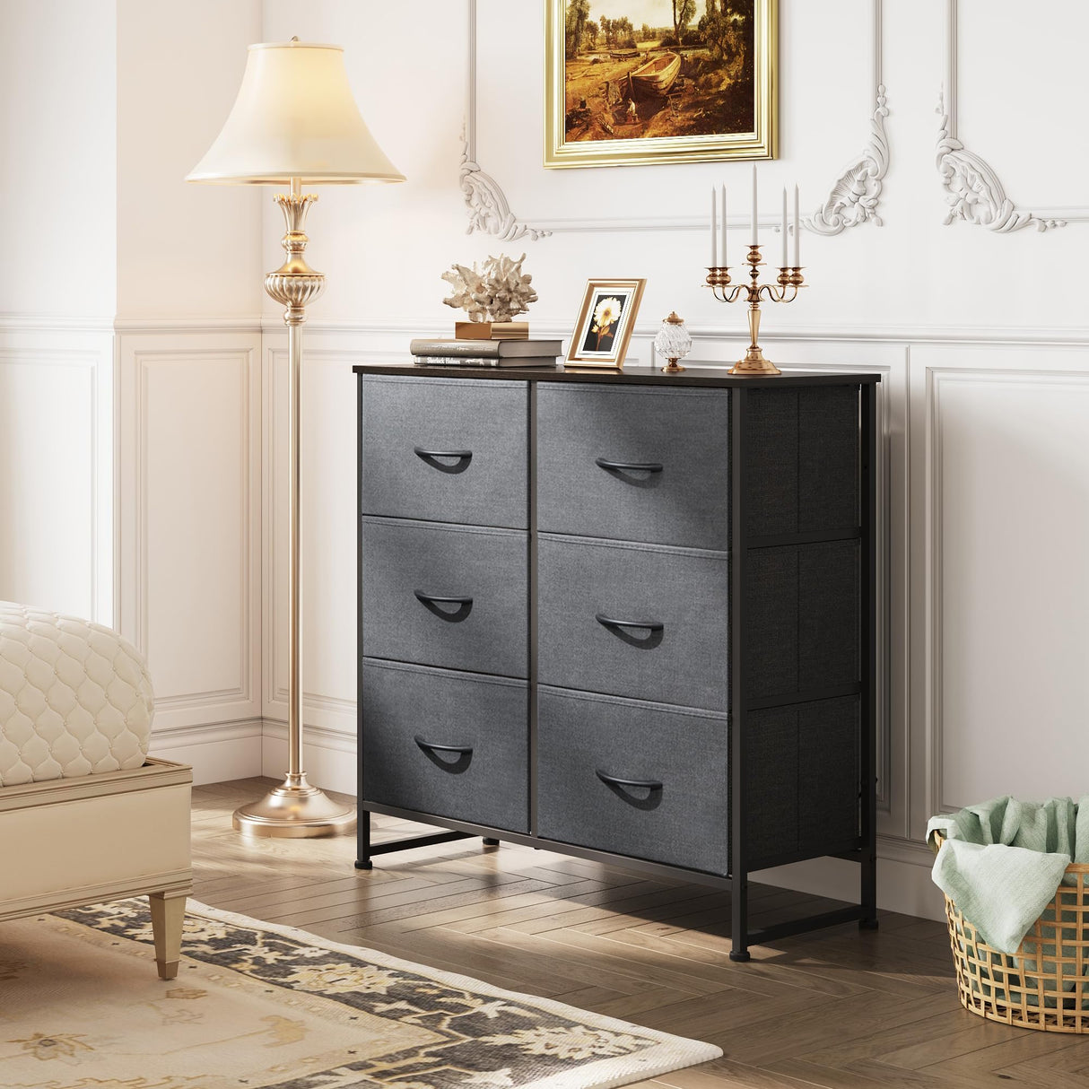WLIVE Fabric Dresser for Bedroom, 6 Drawer Double Dresser, Storage Tower with Fabric Bins, Chest of Drawers for Closet, Living Room, Hallway, Dark Grey WLIVE