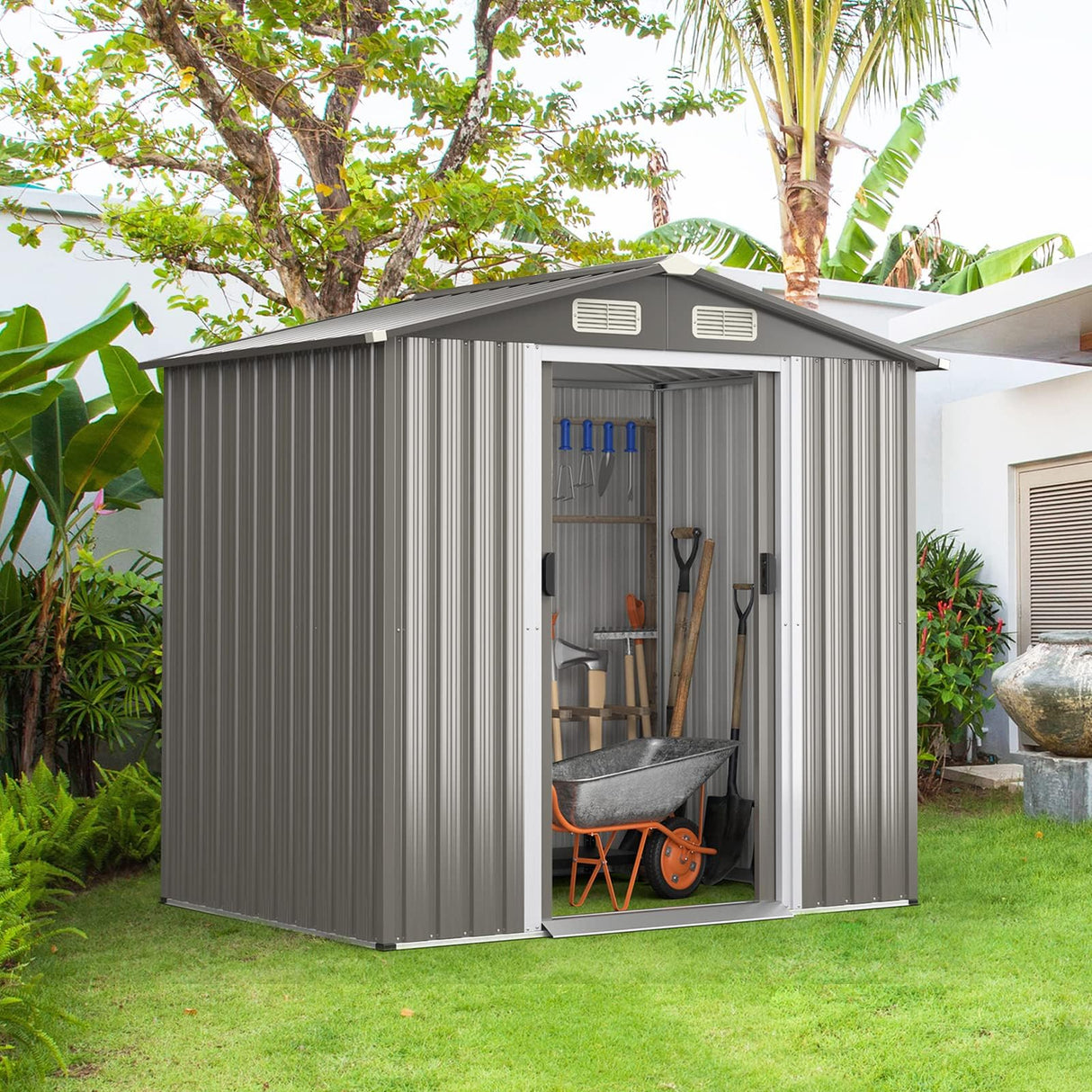 HAPPYGRILL 6 x 4 ft Outdoor Metal Storage Shed, Galvanized Steel Shed with Tilted Roof, Lockable Sliding Doors & 4 Air Vents, Utility Shed for Backyard Garden Patio Lawn HAPPYGRILL
