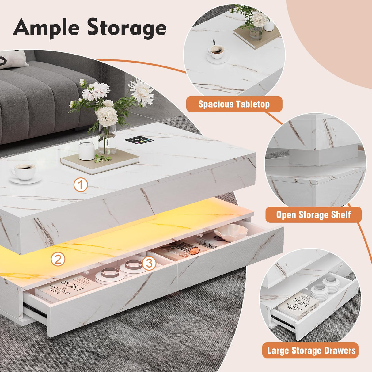 Buenhomino 47" Modern LED Coffee Table with 2 Drawers, High Glossy Double-Layer Center Table with Wireless Charging and Built-in Bluetooth Speaker Smart Table for Living Room with Marbling White Buenhomino