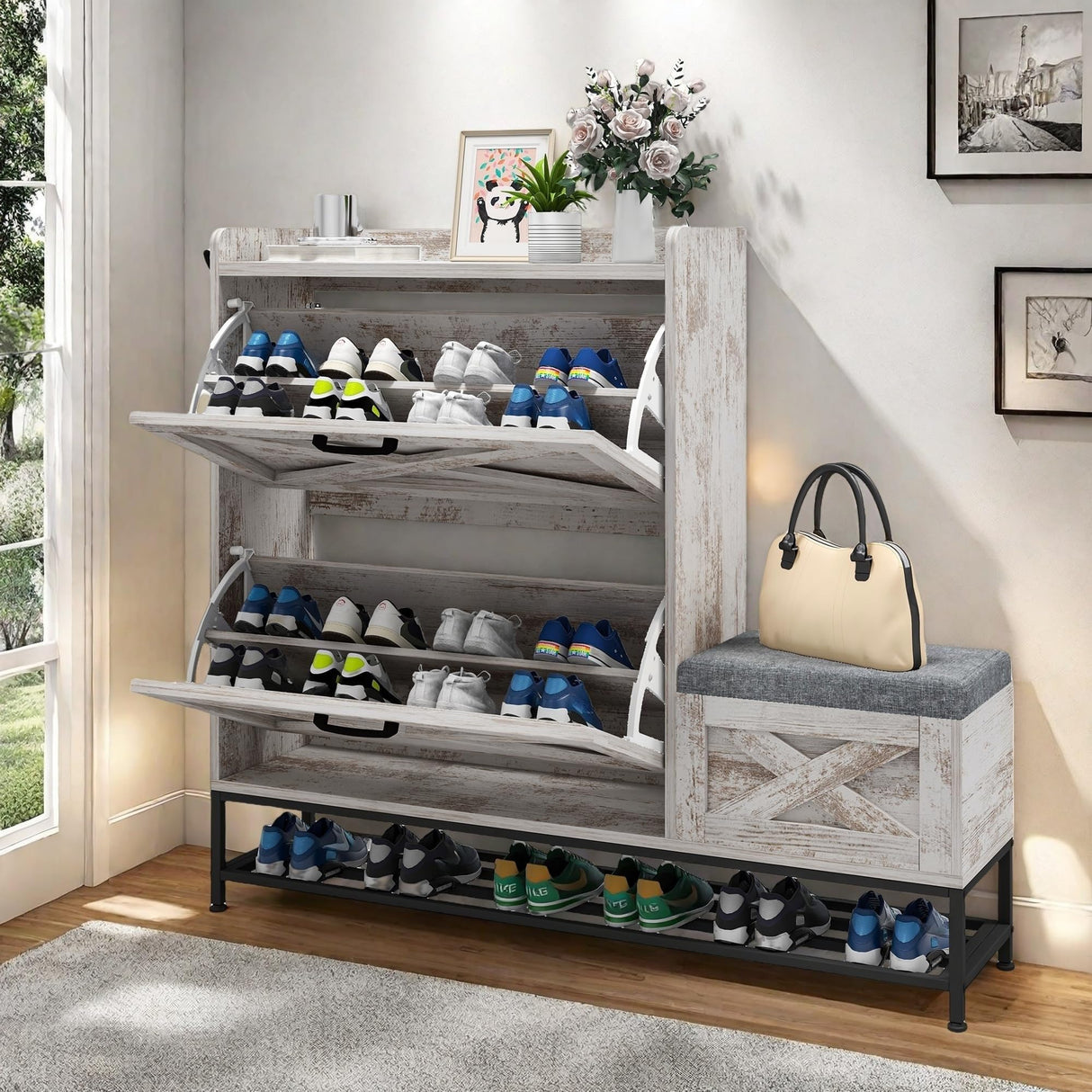 DWVO Farmhouse Shoe Storage Cabinet with 2 Flip Drawers for 16 Pairs, Entryway Shoe Storage with Shoe Bench, Narrow Slim Shoe Cabinet for Entryway, Living Room, Hallway (Embossed White) DWVO