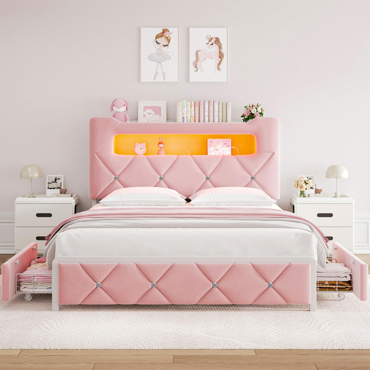 Queen Upholstered LED Bed Frame with 2 Storage Drawers and 2-Tier Storage Headboard,Velvet Princess Platform Bed with Charging Station & Bookcase, Corner Bed Frame, Heavy Duty Metal Support, Pink Jocoevol