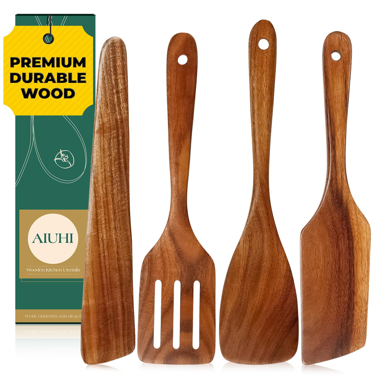 Wooden Spatula for Cooking, Premium Teak Wood Spatula, NonStick Kitchen Utensils Set of 4 Contain Paddle, Turner Spatula, Slotted Spatula and Wood Scraper AIUHI