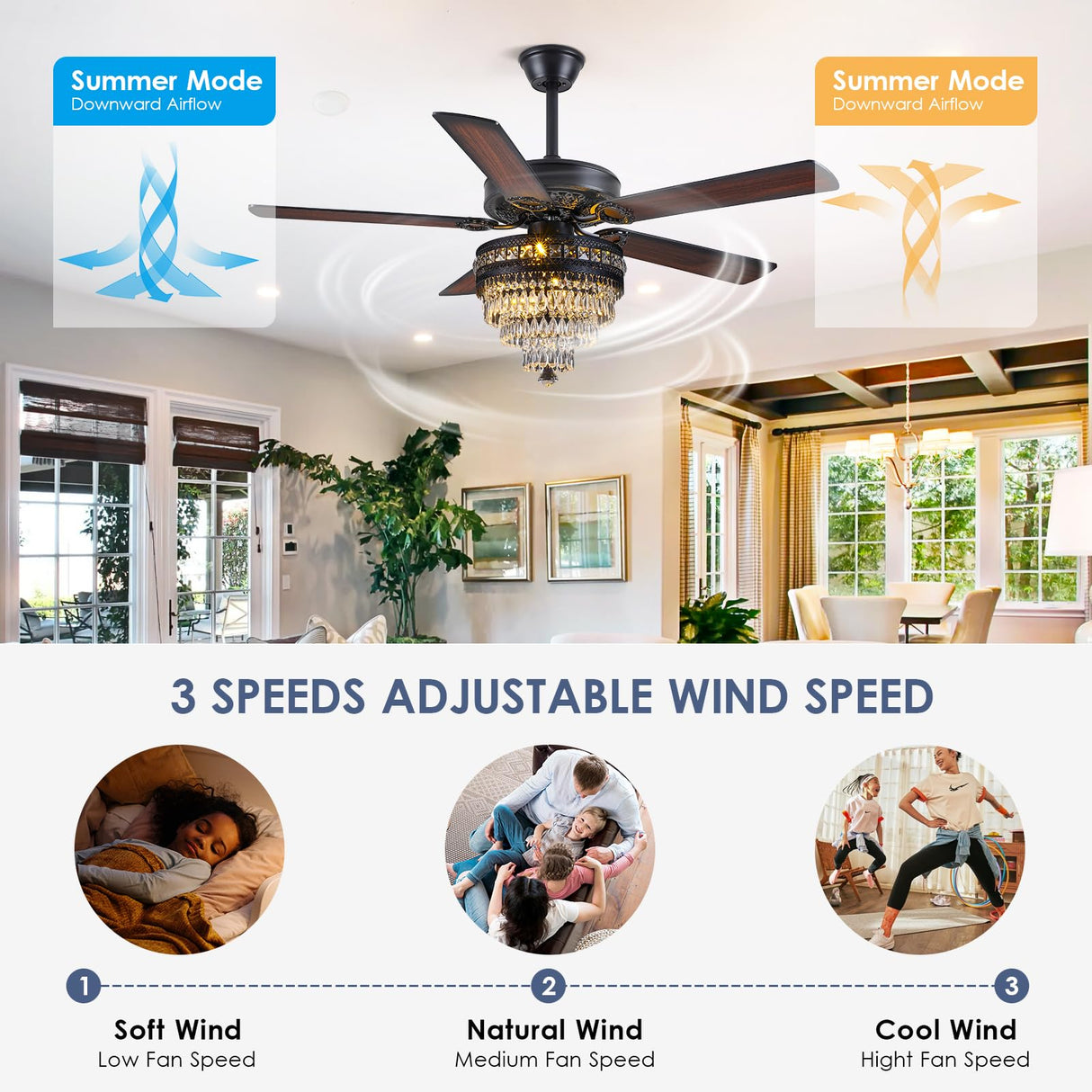 Crystal Ceiling Fan Fandelier with Lights - Modern Outdoor Fans with Remote Control,Noiseless AC Motor, Retro/Farmhouse Lighting, Dining Room, Living Room (52" Asyko