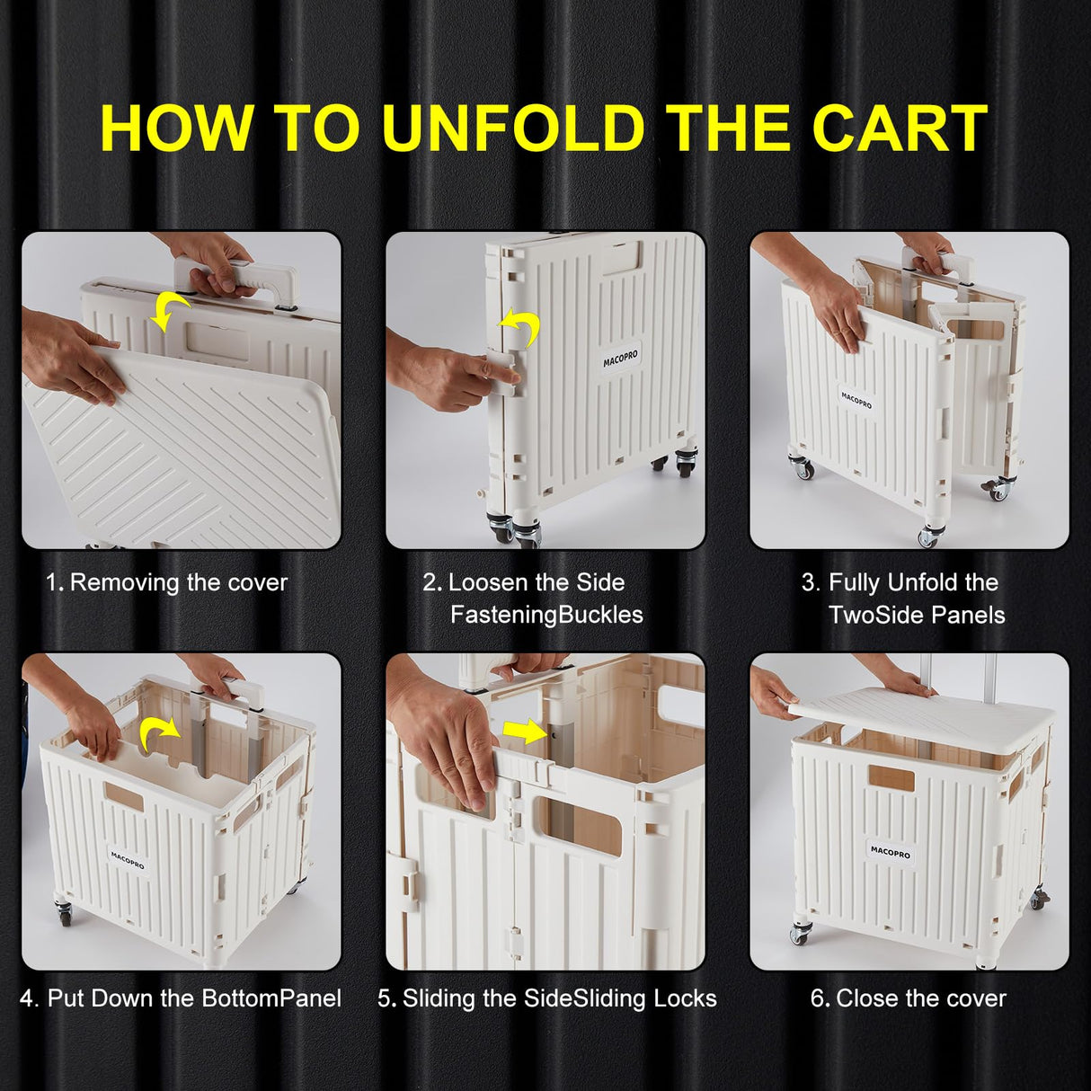 Foldable Utility Cart Folding Portable Rolling Crate Handcart with Durable Heavy Duty Plastic Telescoping Handle Collapsible 4 Rotate Wheels for Travel,Shopping, Luggage, Office, Teacher(White) MACOPRO