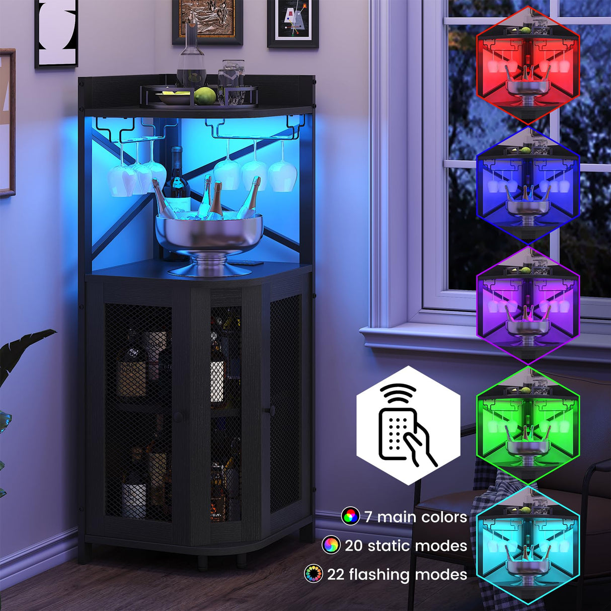 Lafnest Corner Bar Cabinet with Power Outlet and LED Light, Industrial Wine Cabinet with Glass Holder, 4-Tier Liquor Cabinet for Home, Farmhouse Home Bar for Liquor and Wine Storage, Black Lafnest