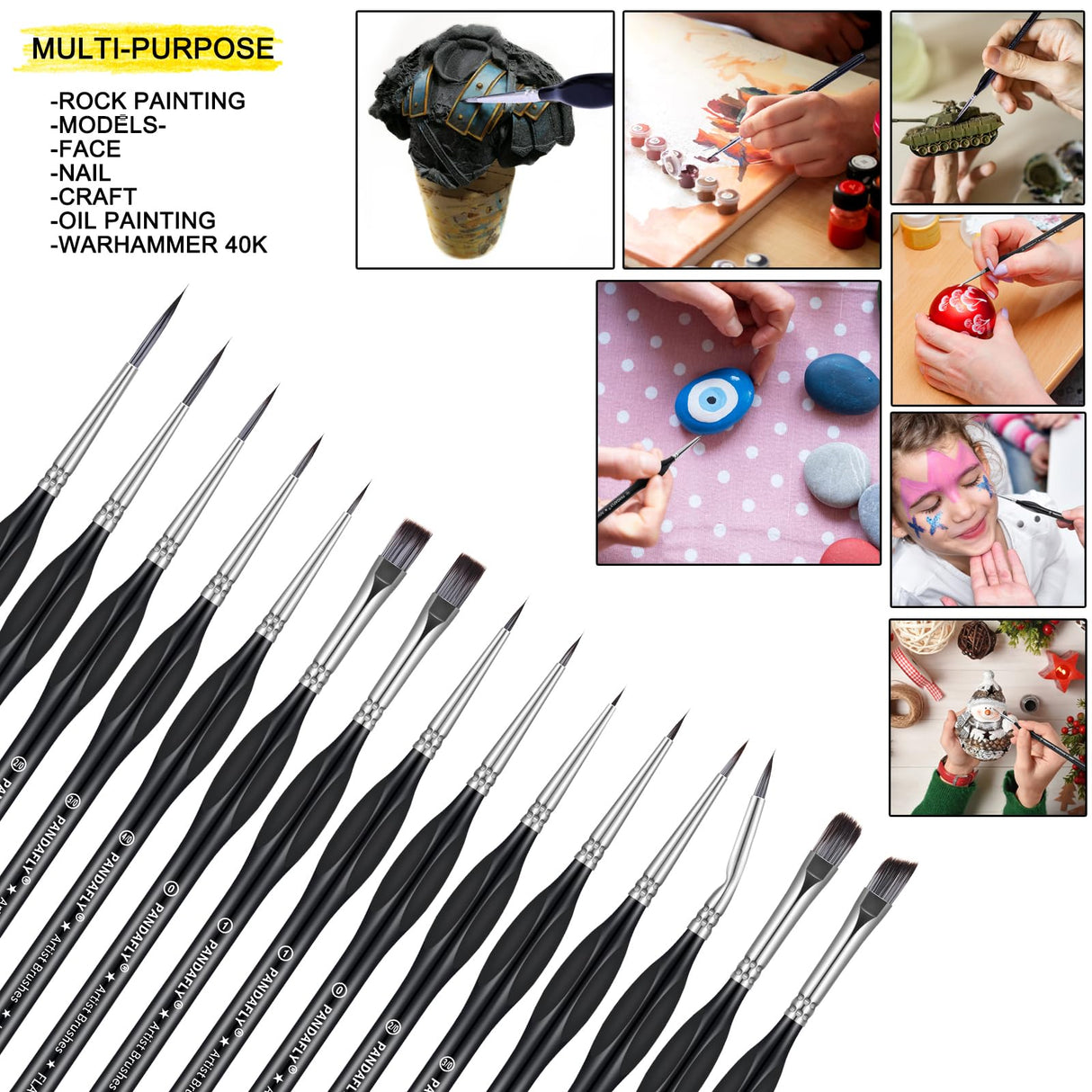 PANDAFLY Detail Paint Brushes Set, 15pcs Miniature Brushes for Fine Detailing & Art Painting - Acrylic, Oil, Watercolors & Paint by Number, Models, Face, Nail, Craft, Warhammer 40k PANDAFLY