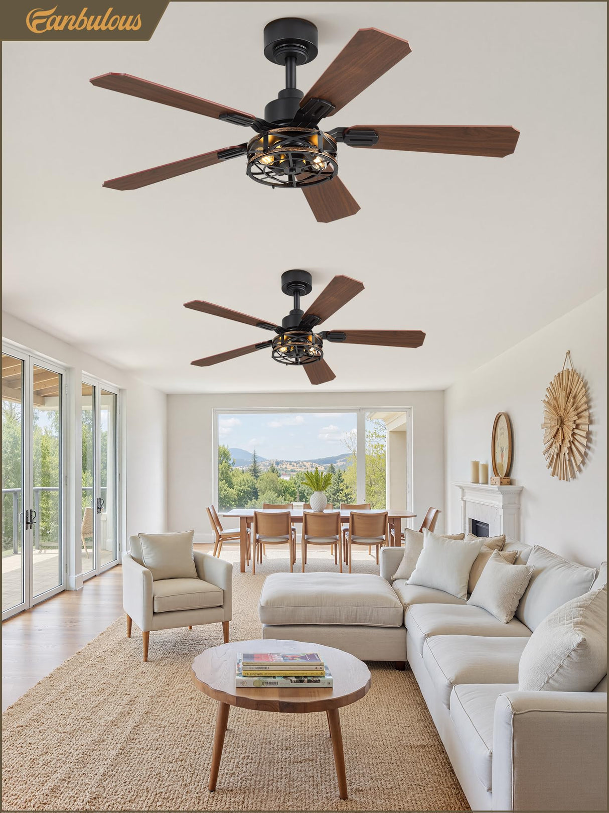 2 Pack 42 Inch Rustic Caged Ceiling Fan with Lights, Black Farmhouse Ceiling Fans for Bedroom Living Room, Double-Sided 5 Blades Rustic Ceiling Fan Fanbulous