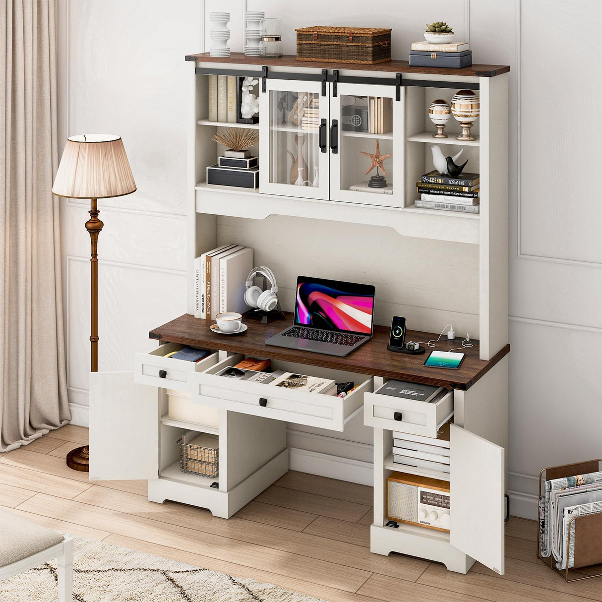 Hlivelood 76" Height Farmhouse Desk with Sliding Door Hutch, Wood Office Executive Workstation Computer Desk with Charging Station, Drawers and Storage Cabinet, for Work, Sturdy, Game, Rustic White Hlivelood