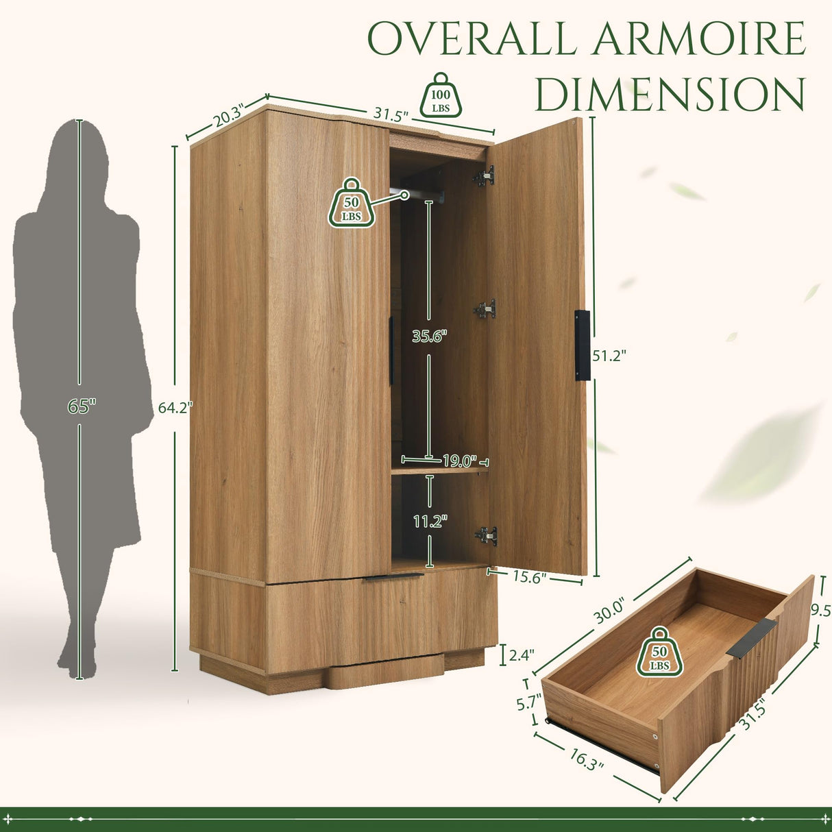 Yechen 64" Fluted Armoire Wardrobe Closet with Doors and Drawer, Wooden Wardrobe Closet Cabinet with Adjustable Shelve, Modern Small Armoires Storage Clothes, Coats for Bedroom, Natural Yechen