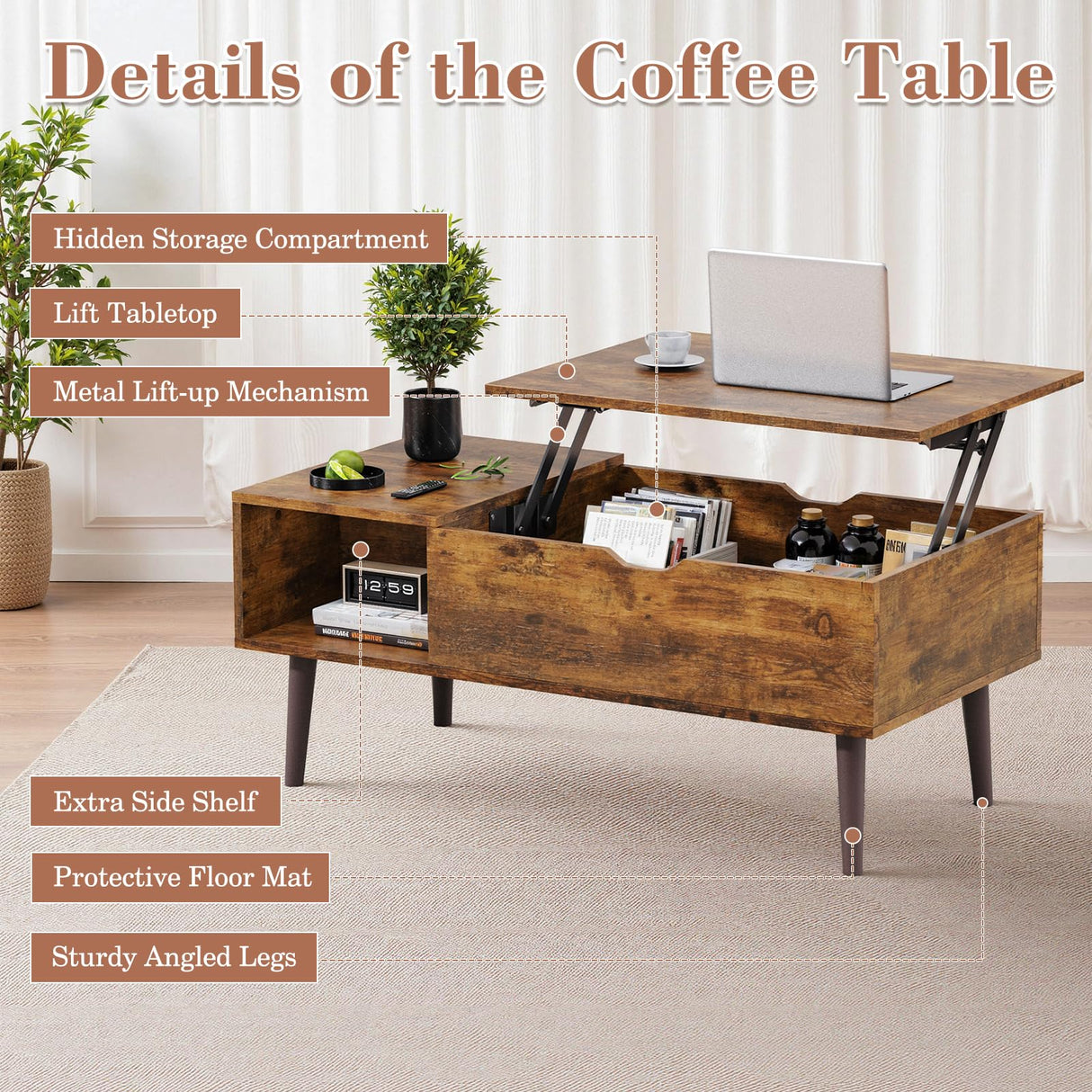 OLIXIS Wooden Coffee Table, Lift Top Coffee Table with Large Hidden Compartment and Ample Storage Shelf, Lift Tabletop Dining Table for Living Room, Home Small Space, Rustic OLIXIS