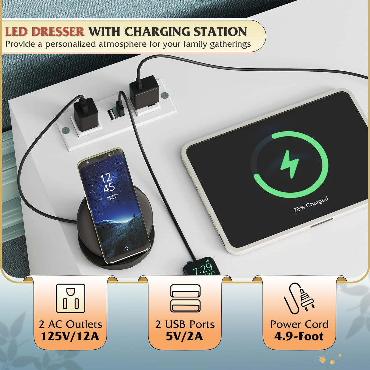 WLIVE White LED Dresser for Bedroom, Tall Wood Dresser with 4 Drawers and Open Shelf, Chest of Drawers with Charging Station and LED Lights for Living Room, Hallway, Closet WLIVE