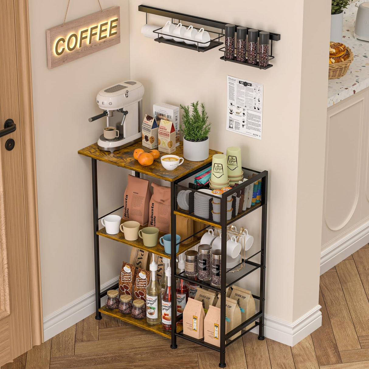 keomaisyto Coffee Bar Station, Coffee Station Cabinet with Dividers for Organizing Coffee Accessories, Farmhouse Coffee Stand, 3 Tier Coffee Table for Living Room/Entryway/Kitchen keomaisyto