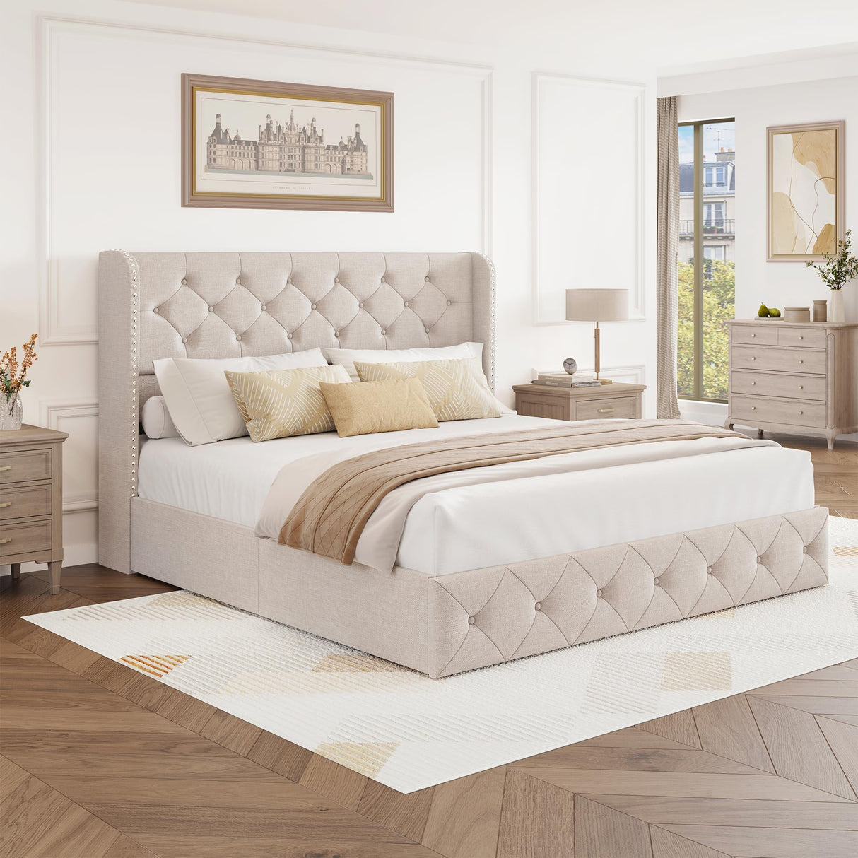 BRELTAM Queen Size Bed Frame with Storage Drawers and Wingback Headboard Linen Upholstered Platform Bed Frame Tufted Beds with Heavy Duty Wood Slats, Noise Free, Easy Assembly, Beige BRELTAM