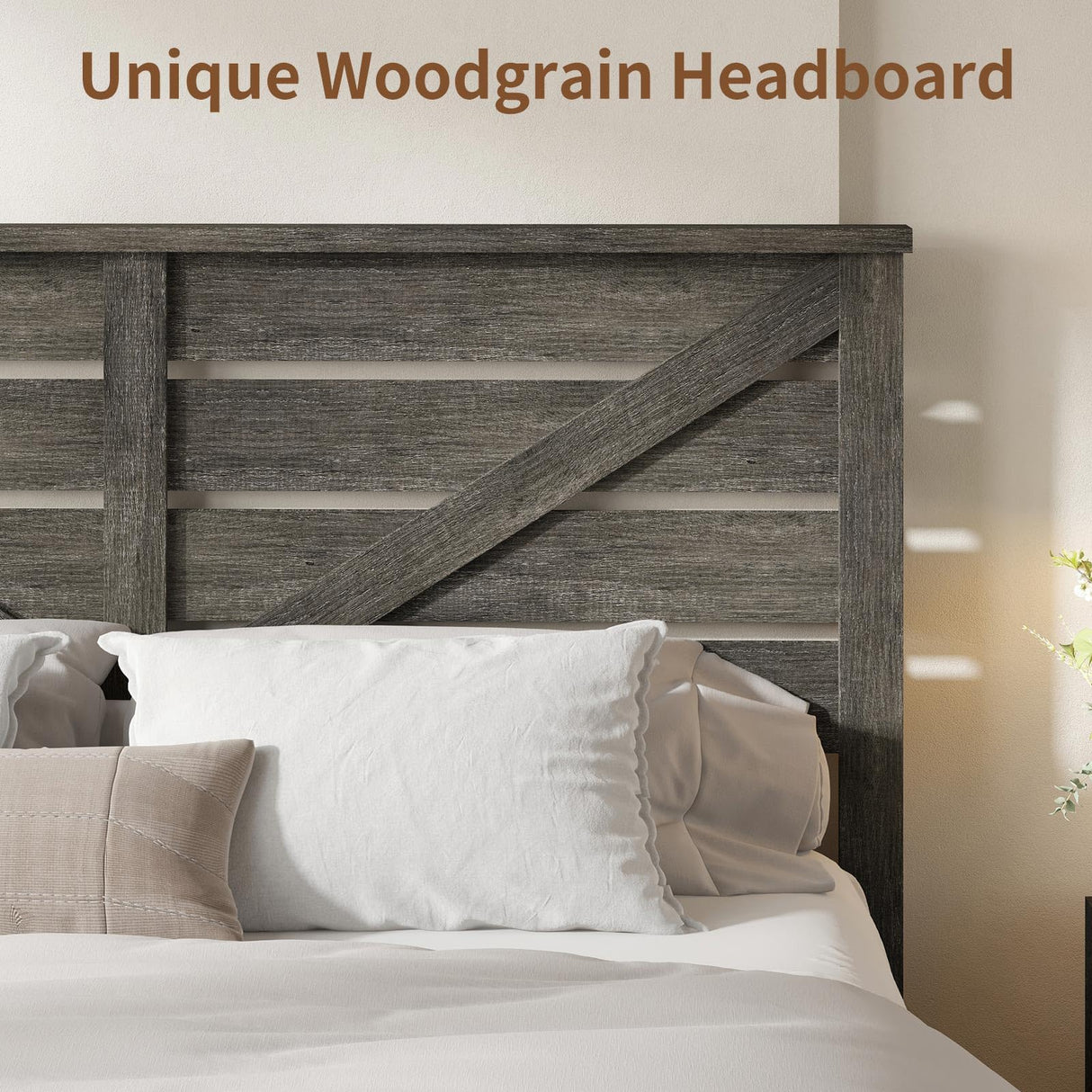 LUXOAK King Size Farmhouse Wooden Bed Frame, Platform Bed Frame with 49.2" Headboard/No Box Spring Needed/Noisy Free/Easy Assembly/Grey LUXOAK