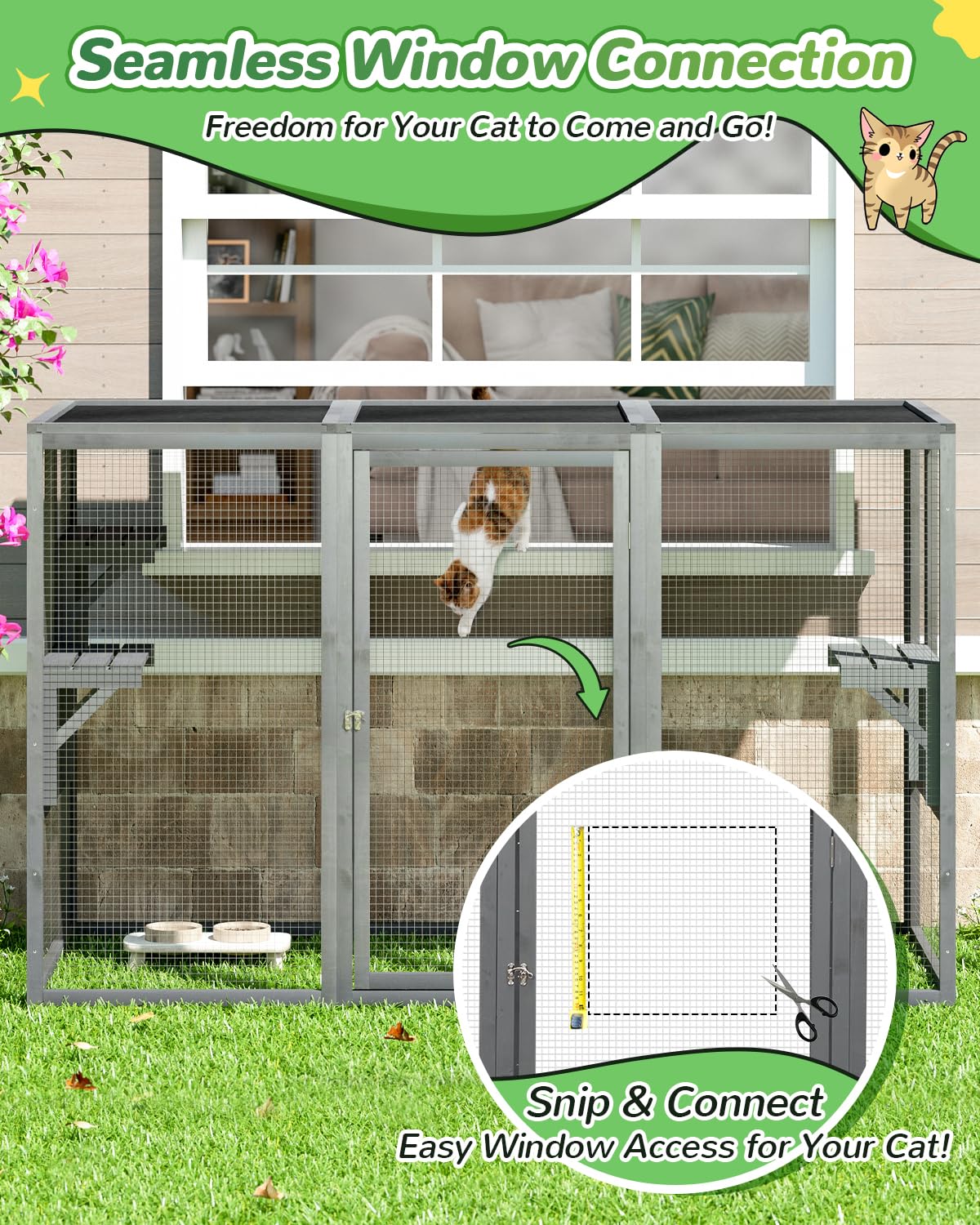 Catio Outdoor Cat Enclosure,71" L Outside Cat House Weatherproof, Wooden Catios for Cats Patio, Cat Houses with 3 Platforms (Grey, Large) Nyeekoy